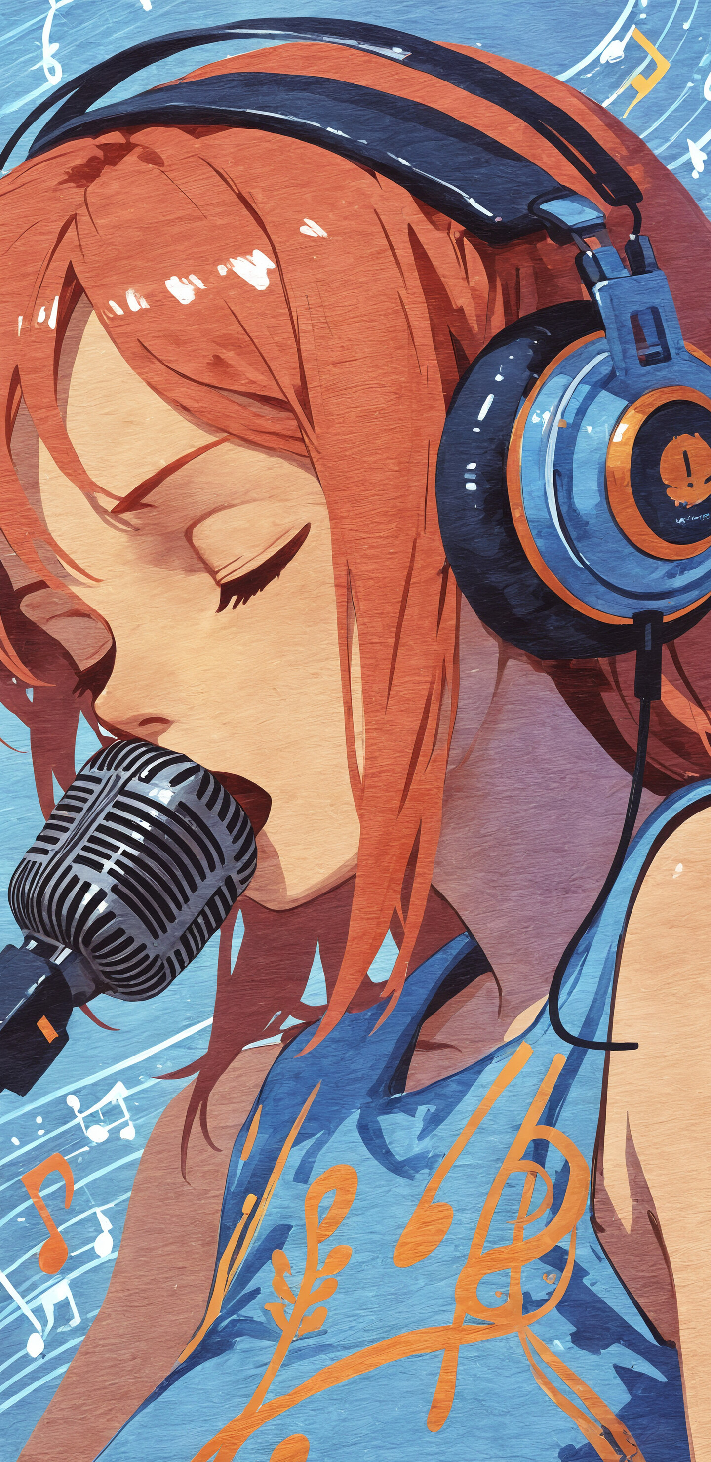 Стилізований, мальовничий портрет молодої жінки з темним волоссям, на ній великі навушники, вона співає із заплющеними очима в мікрофон на тлі синього кольору, де зображено музичні ноти.