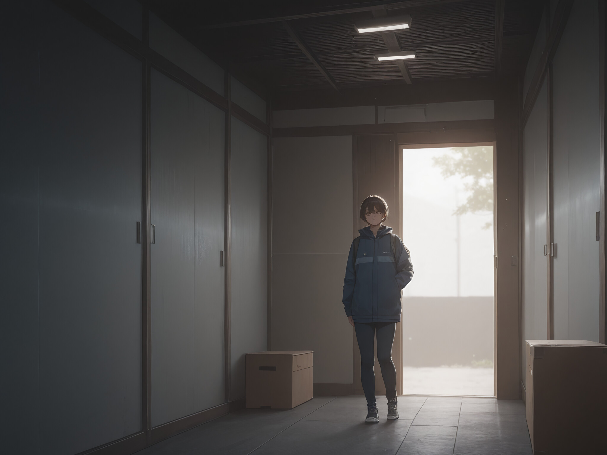 Молода жінка в стилі аніме з довгим світлим волоссям, одягнена в довгу білу сукню, стоїть перед темно-зеленими дверима. Вона тримає щось у руках, а з обох боків від неї розташовані дві великі рослини в горщиках під сонячним небом.