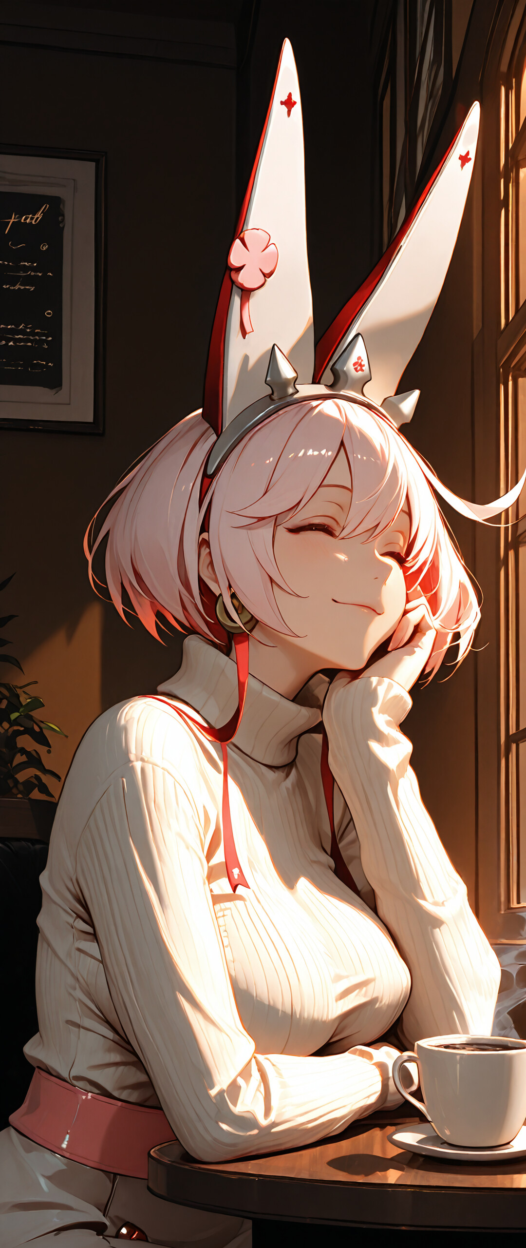 Ілюстрація в стилі аніме, на якій зображено Ельфельт Валентайн з гри Guilty Gear. У неї коротке рожеве волосся, блакитні очі та великі білі вуха, схожі на кролячі, і на голові – пов’язка з шипами. Вона одягнена в білий светр із високим коміром і сидить за дерев’яним столом у кафе, м’яко посміхаючись і підперши підборіддя рукою. На столі поруч із нею стоїть чашка кави.