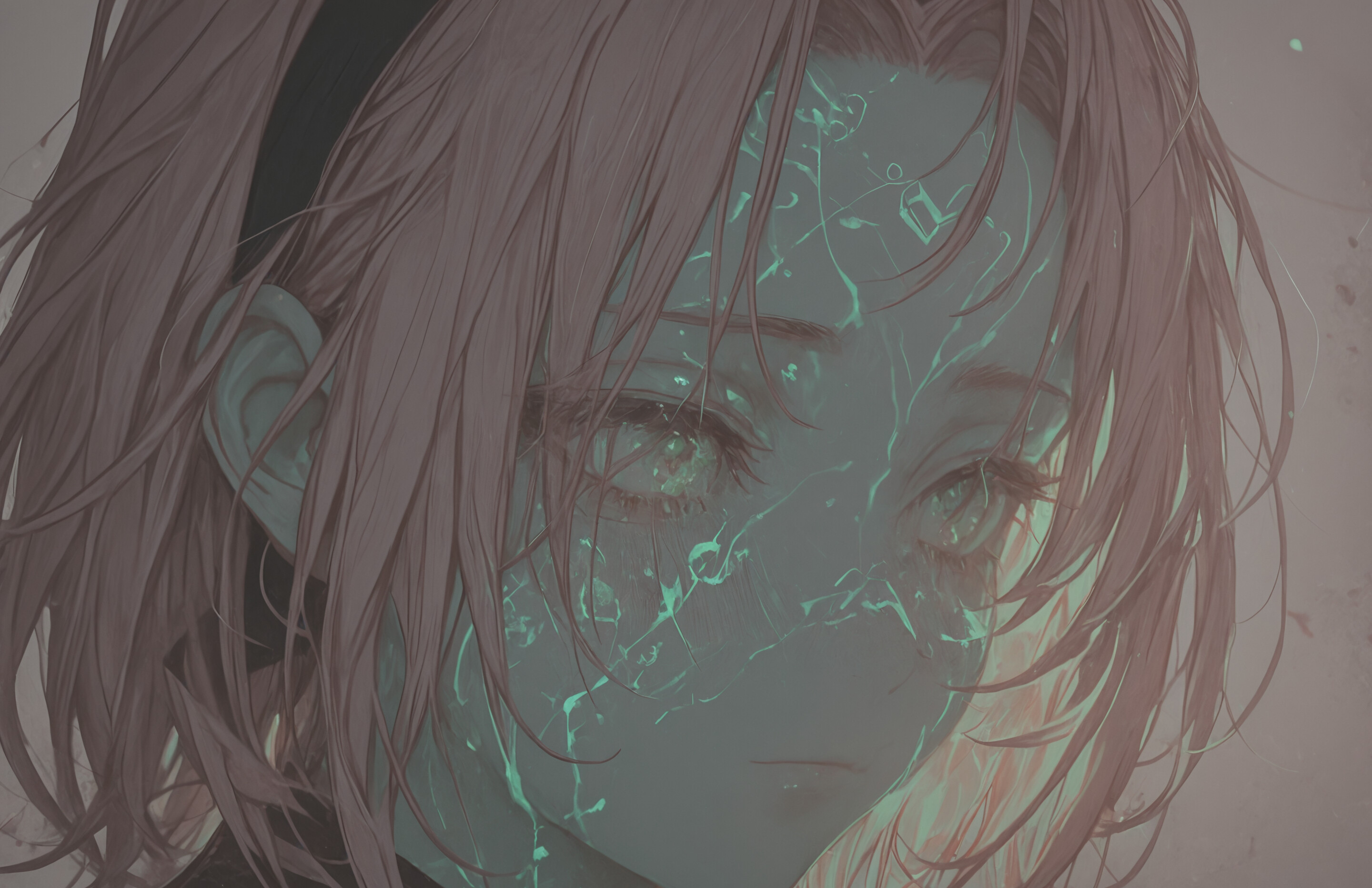 Художній портрет Сакури Харуно з аніме «Наруто» з рожевим волоссям і сяючими зеленими очима. На її лобі зображено «Печатку ста сил», і на ній темний одяг із зеленими візерунками, що світяться, на тлі зоряного неба, де плавають пелюстки.