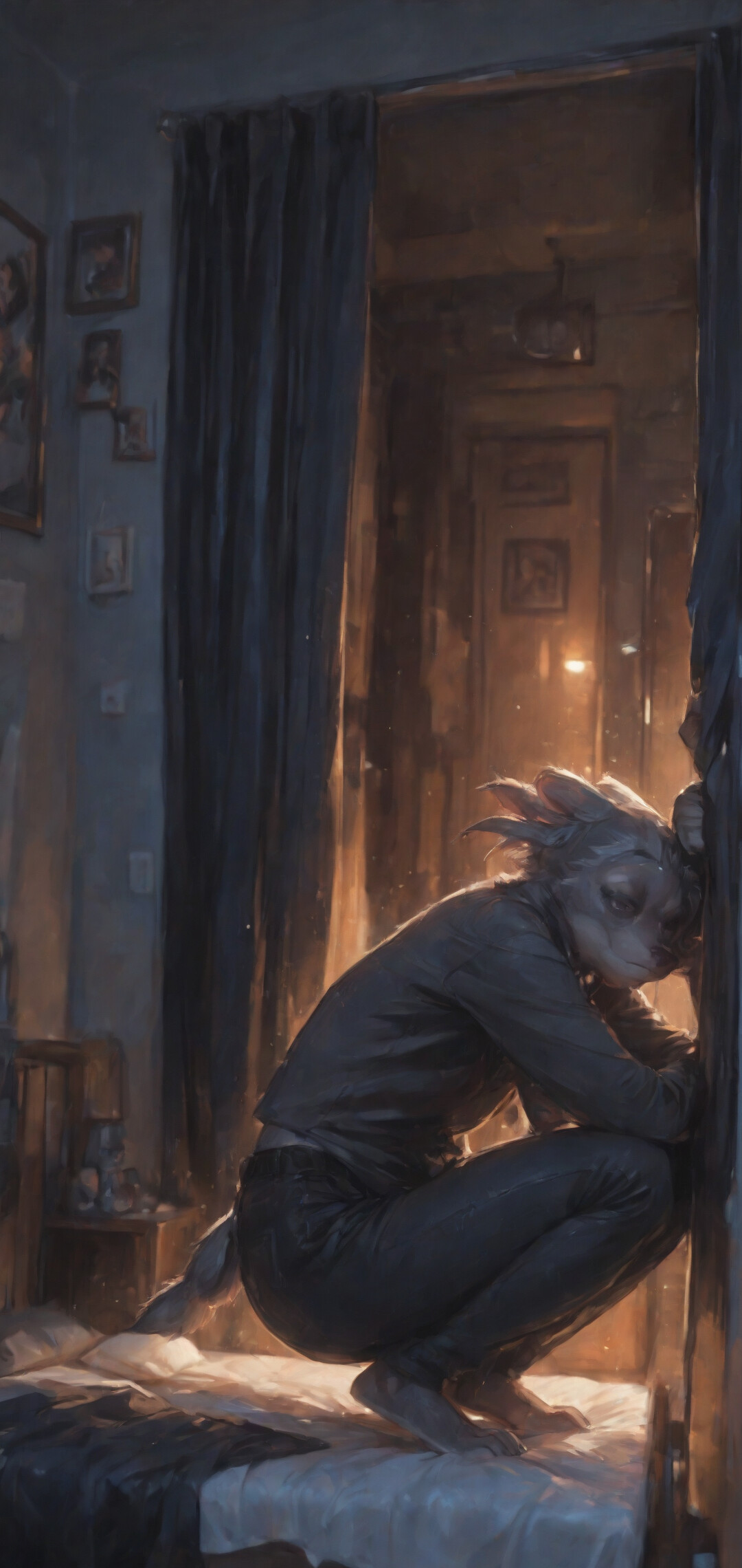 Зображення антропоморфної лисиці жіночої статі в повний зріст, з червоним і білим волоссям, одягненої в червону сорочку та чорні штани, яка спирається на дверний косяк у тьмяно освітленій квартирі.