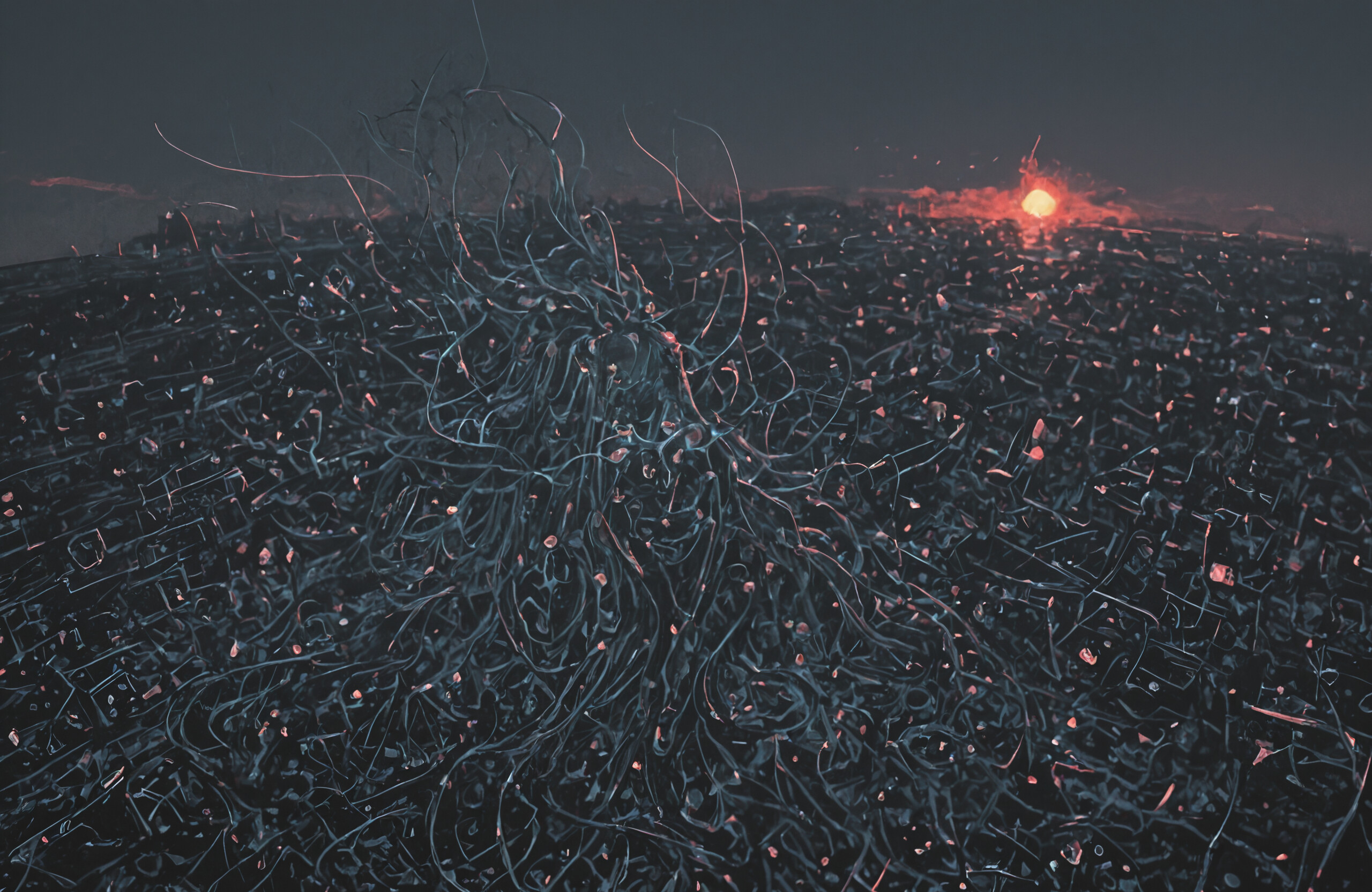 Твір мистецтва в стилі «укійо-е», що зображає неземну істоту, створену з переплетених темно-коричневих коренів і гілок. Фігура стоїть у хаотичному лісі на тлі великого, яскраво-помаранчевого сонця, яке слугує німбом.