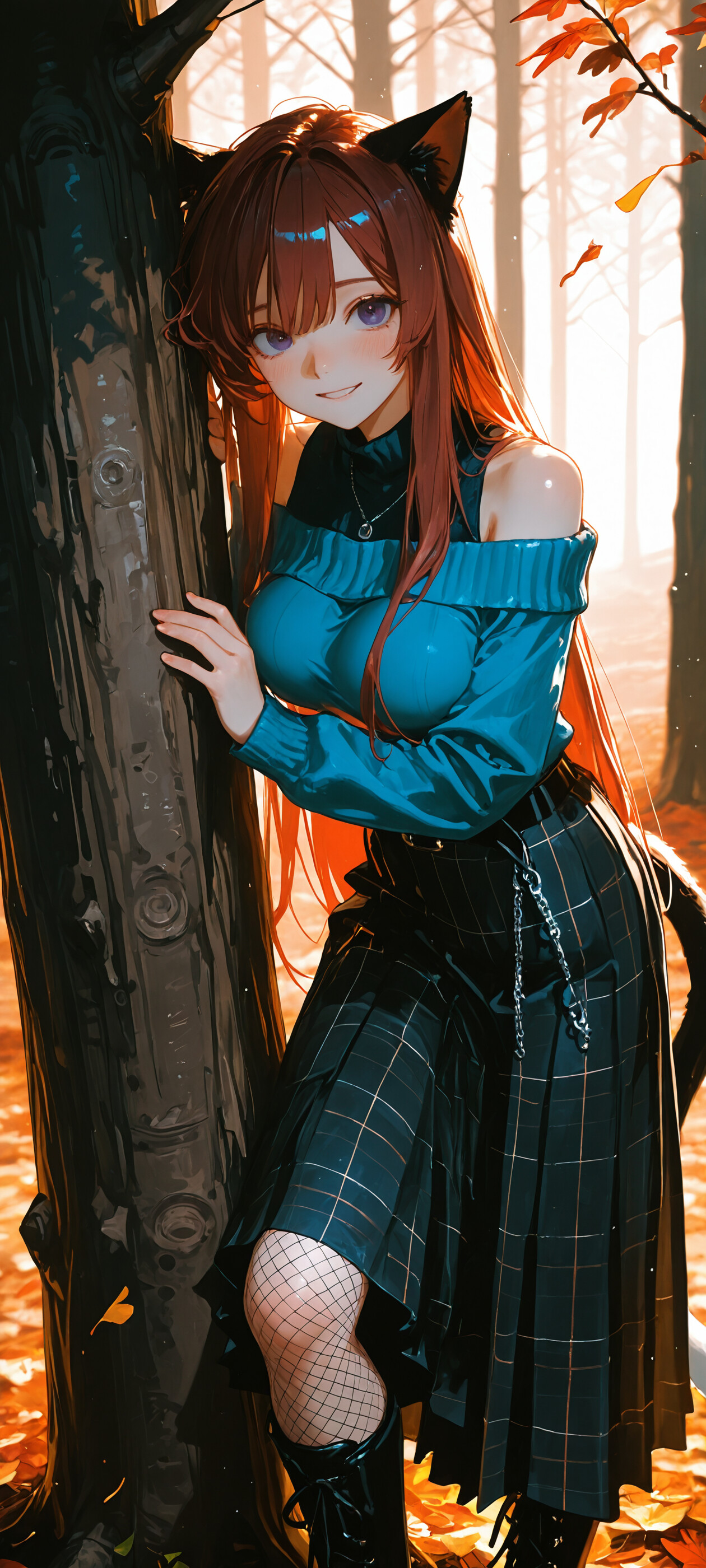 Повномірна ілюстрація аніме-персонажа – дівчини-кішки з довгим каштановим волоссям і фіолетовими очима, одягненої в блакитний светр, що оголює плече, і картату спідницю, яка стоїть в осінньому лісі перед великим деревом.