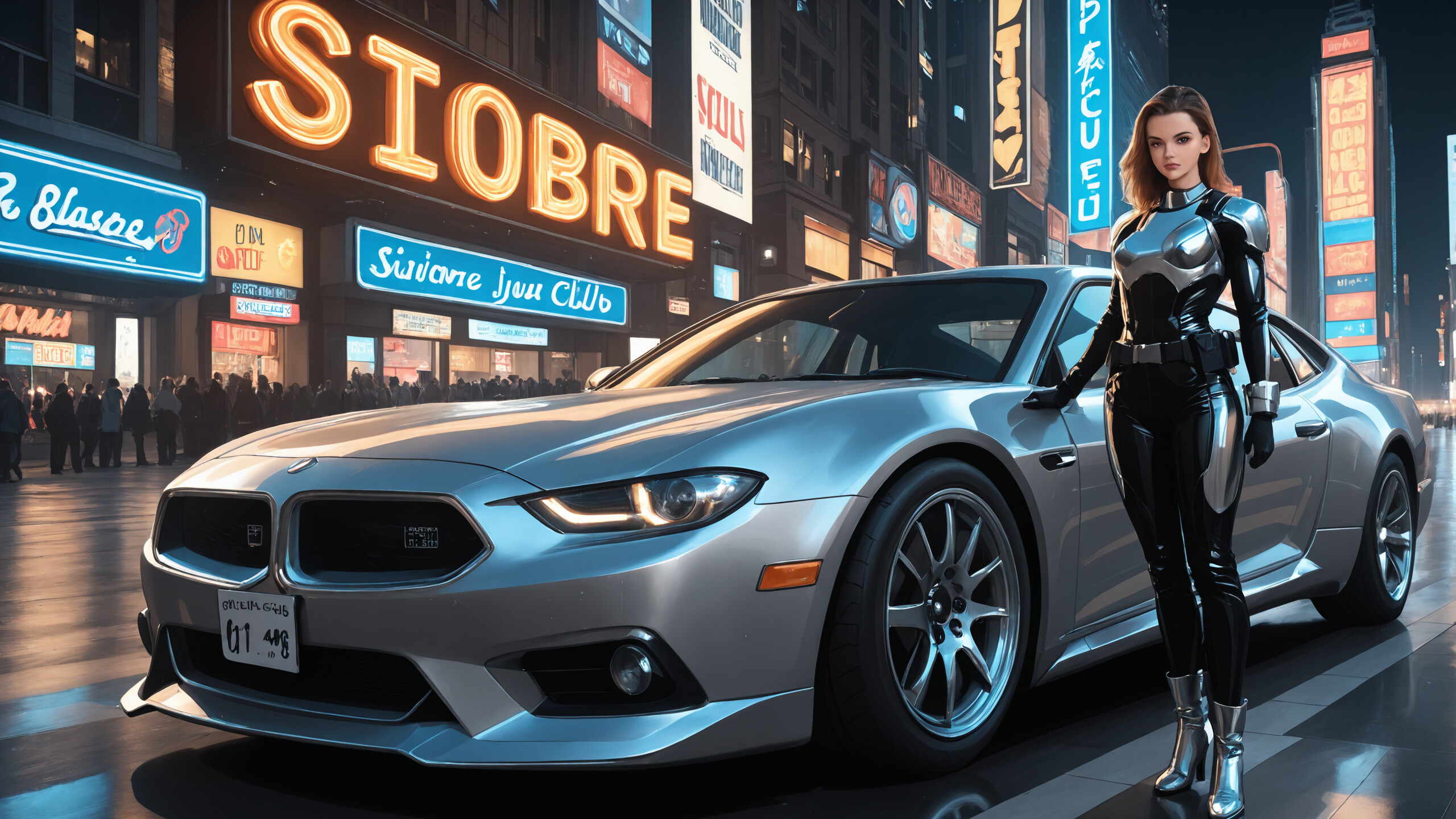 Повномірна ілюстрація жінки у футуристичному чорно-сріблястому бойовому костюмі, яка йде нічною вулицею міста, вимоченою дощем. З обох боків від неї розташовані два сріблясті автомобілі в ретро-стилі, а навколо – мерехтливі неонові вивіски.