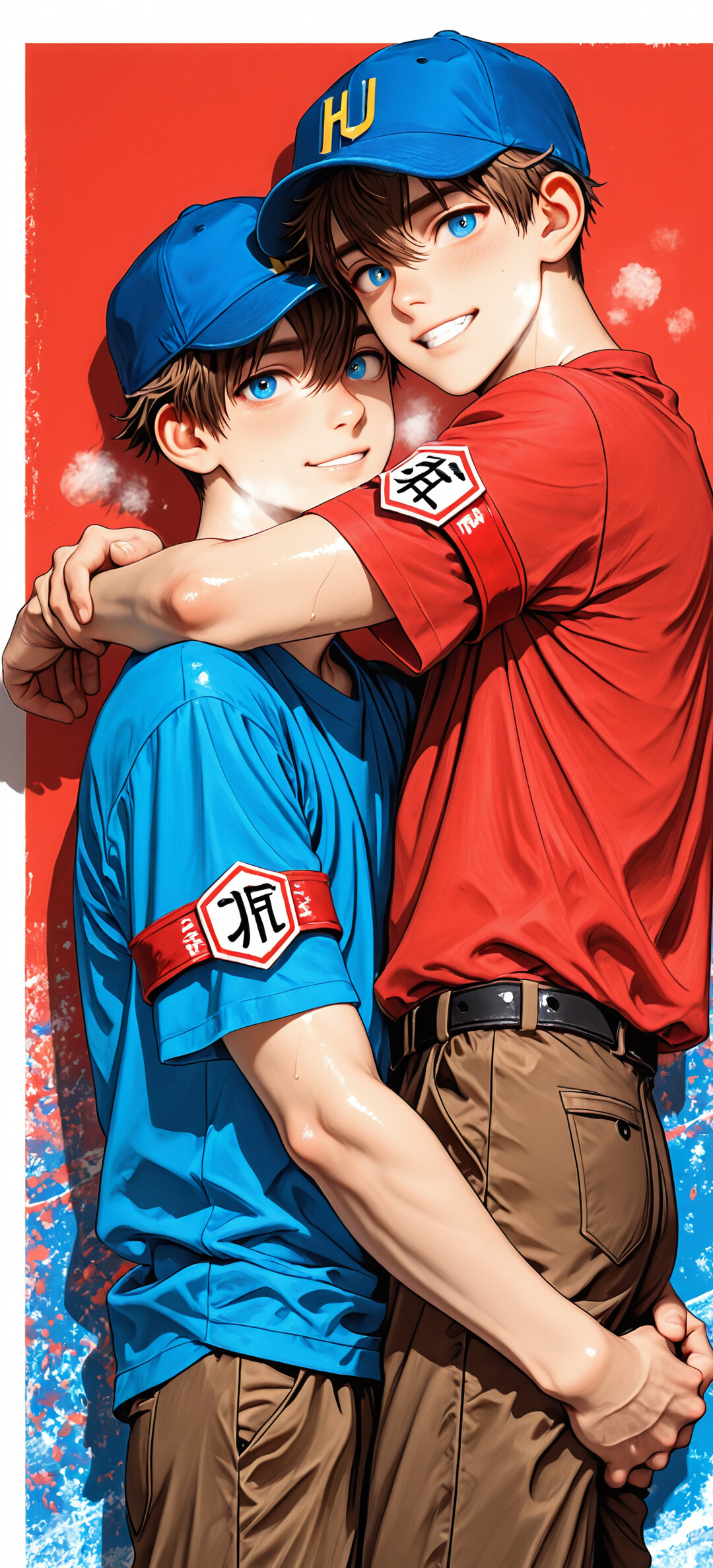 Молодий чоловік, зображений у стилі аніме, з каштановим волоссям і яскраво-блакитними очима, одягнений у блакитну сорочку та бейсболку з літерою «H», впевнено посміхається, сидячи зі схрещеними руками та ногами біля червоної стіни.