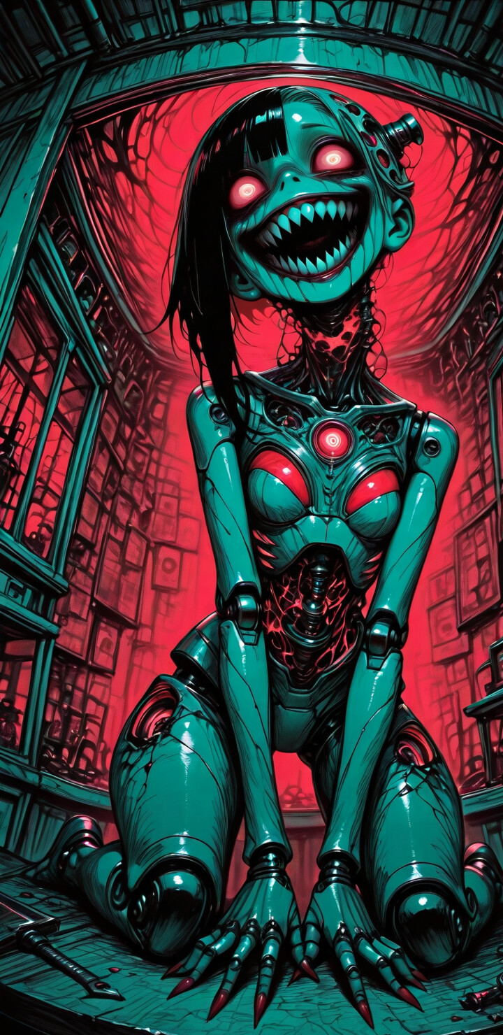 Бліда жіноча фігура робота з широкою, зубастою посмішкою та шаленим виразом в очах стоїть на колінах на підлозі темної кімнати в стилі наукової фантастики. За нею, крізь вікна, підсвічені червоним світлом, видно похмурі постаті з сяючими очима.