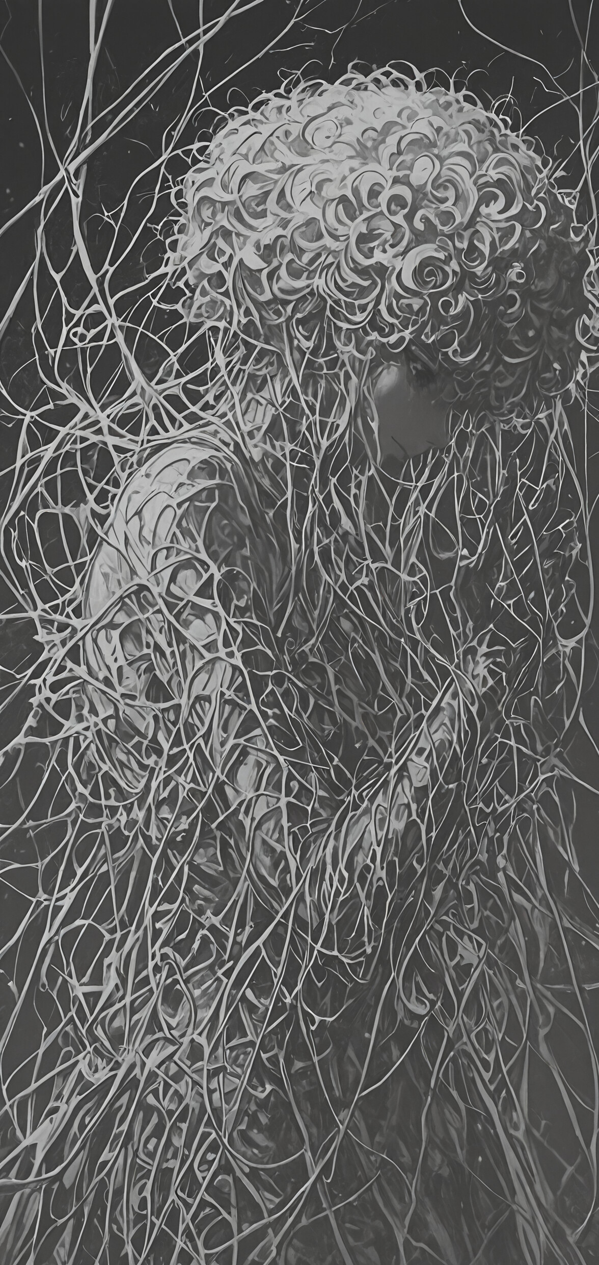 Чорно-біла, надзвичайно деталізована ілюстрація, на якій зображено жінку в профіль. У неї великі, виразні очі та коротке, густо кучеряве біле волосся. Складний, білий візерунок, що нагадує павутину, покриває її шию та плечі на тлі темного, абстрактного фону.