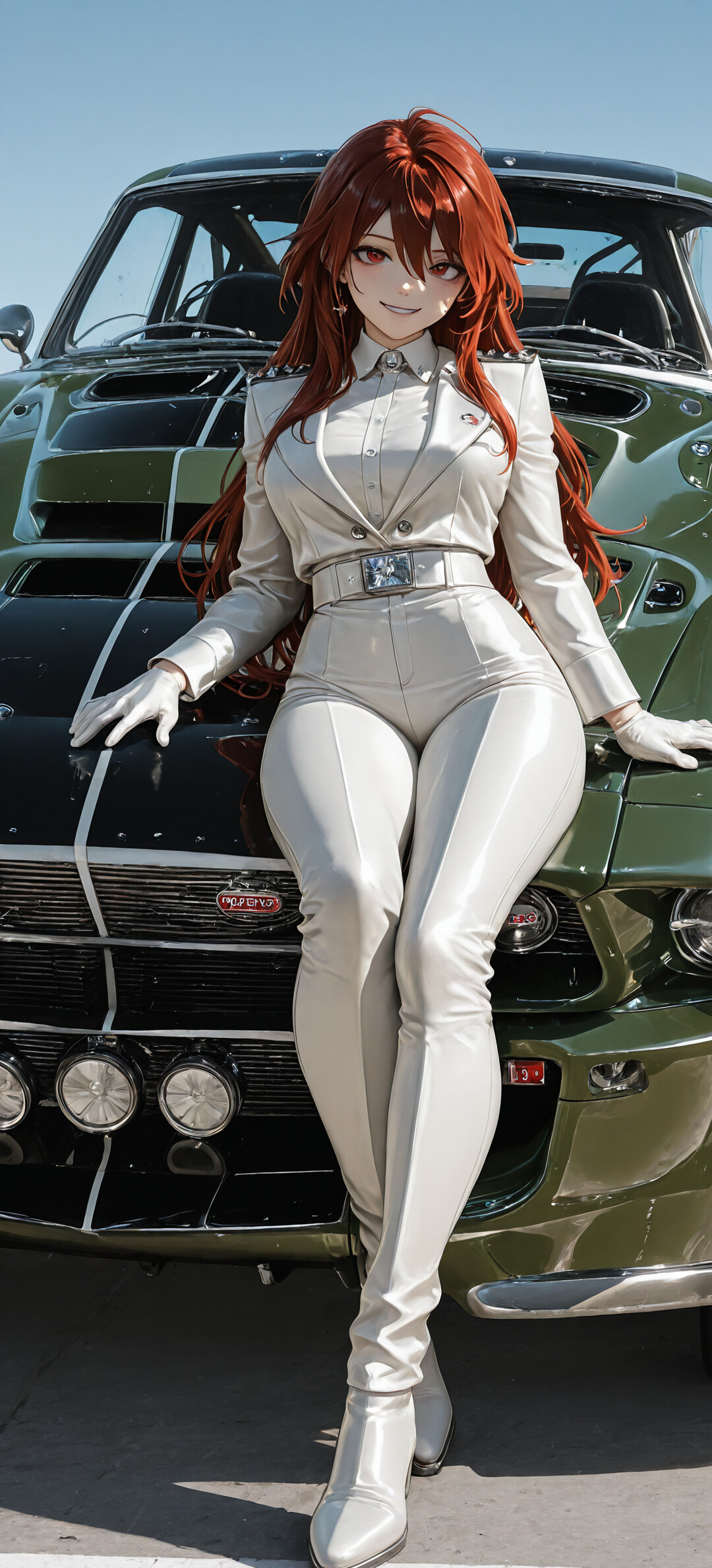 Вид спереду на сильно модифікований вінтажний Ford Mustang глибокого зеленого кольору, з унікальною решіткою радіатора та п’ятьма круглими фарами на передньому бампері, припаркований на відкритому повітрі в сонячний день.