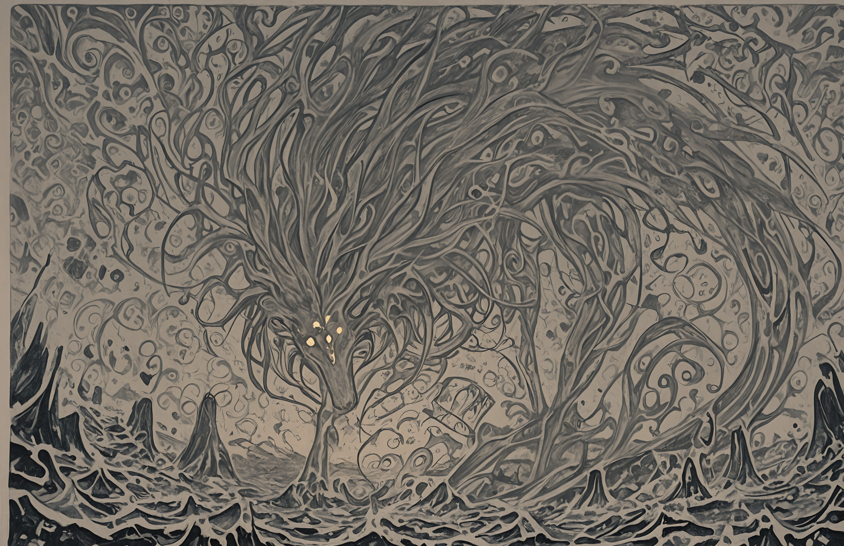 Абстрактна картина з темним фоном, на якому зображено густу, складну мережу з витіючих золотистих ліній і крапок. У верхній центральній частині розташована одна яскрава, сяюча сфера світла, яка є центральним елементом композиції.