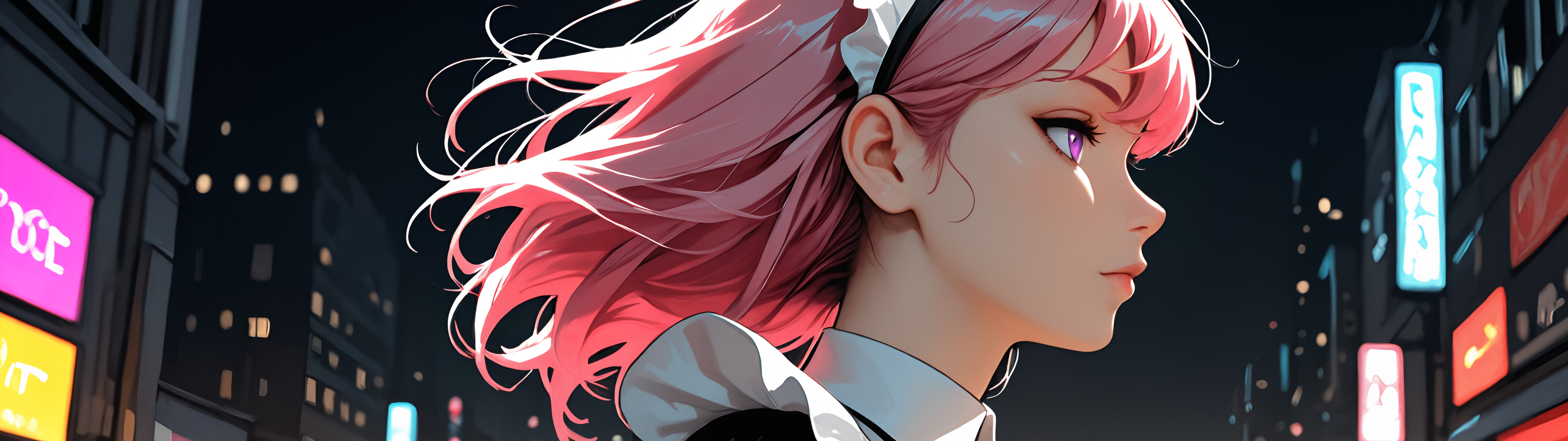 Ілюстрація в стилі аніме, на якій зображено молоду жінку з довгим рожевим волоссям і фіолетовими очима, одягнену в чорно-білий костюм служниці. Вона стоїть на міській вулиці вночі, на задньому плані розмиті неонові вогні.