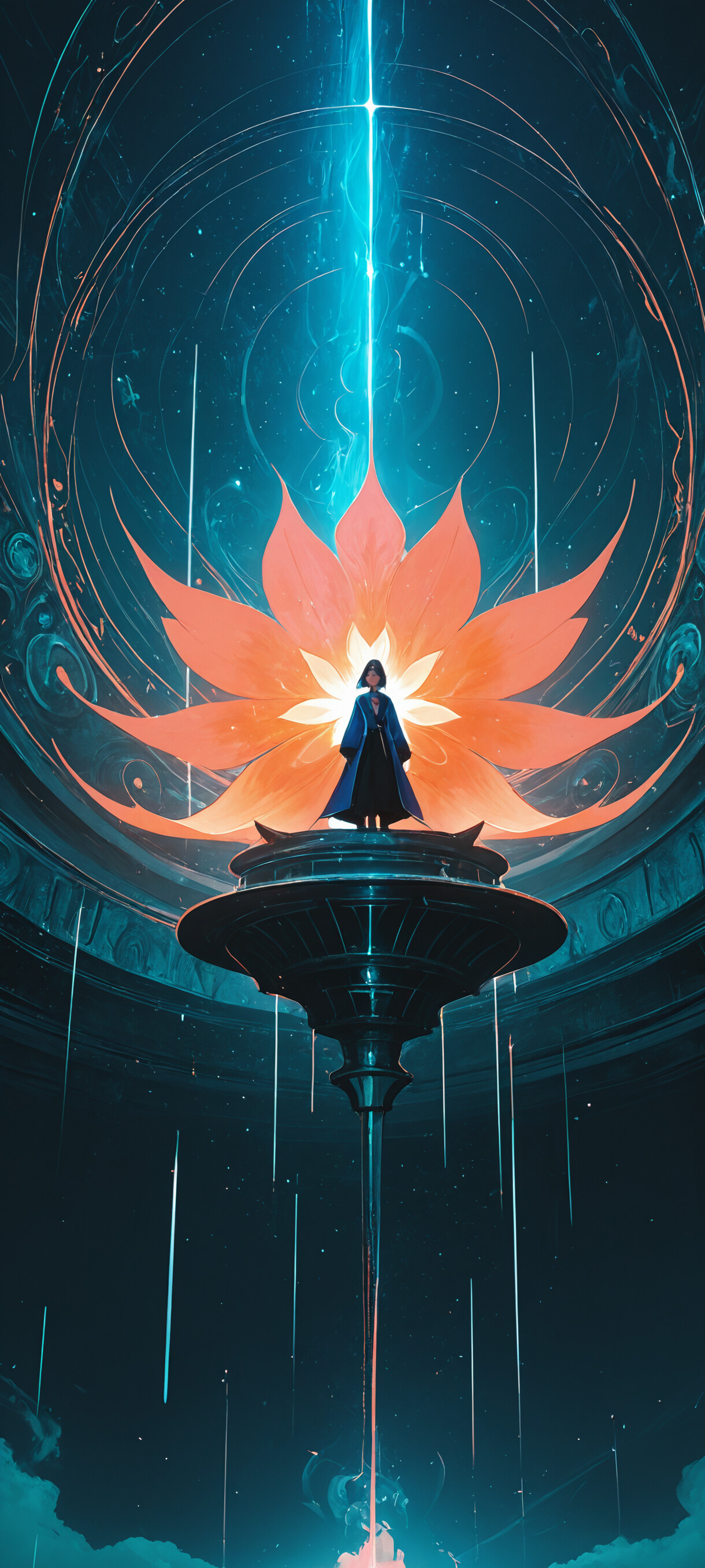 Зображення в повний зріст молодої жінки з короткою чорною стрижкою, одягненої в темний, футуристичний плащ, яка стоїть перед великим, сяючим порталом круглої форми, що має блакитно-червоне забарвлення, на тлі темного, скелястого ландшафту.