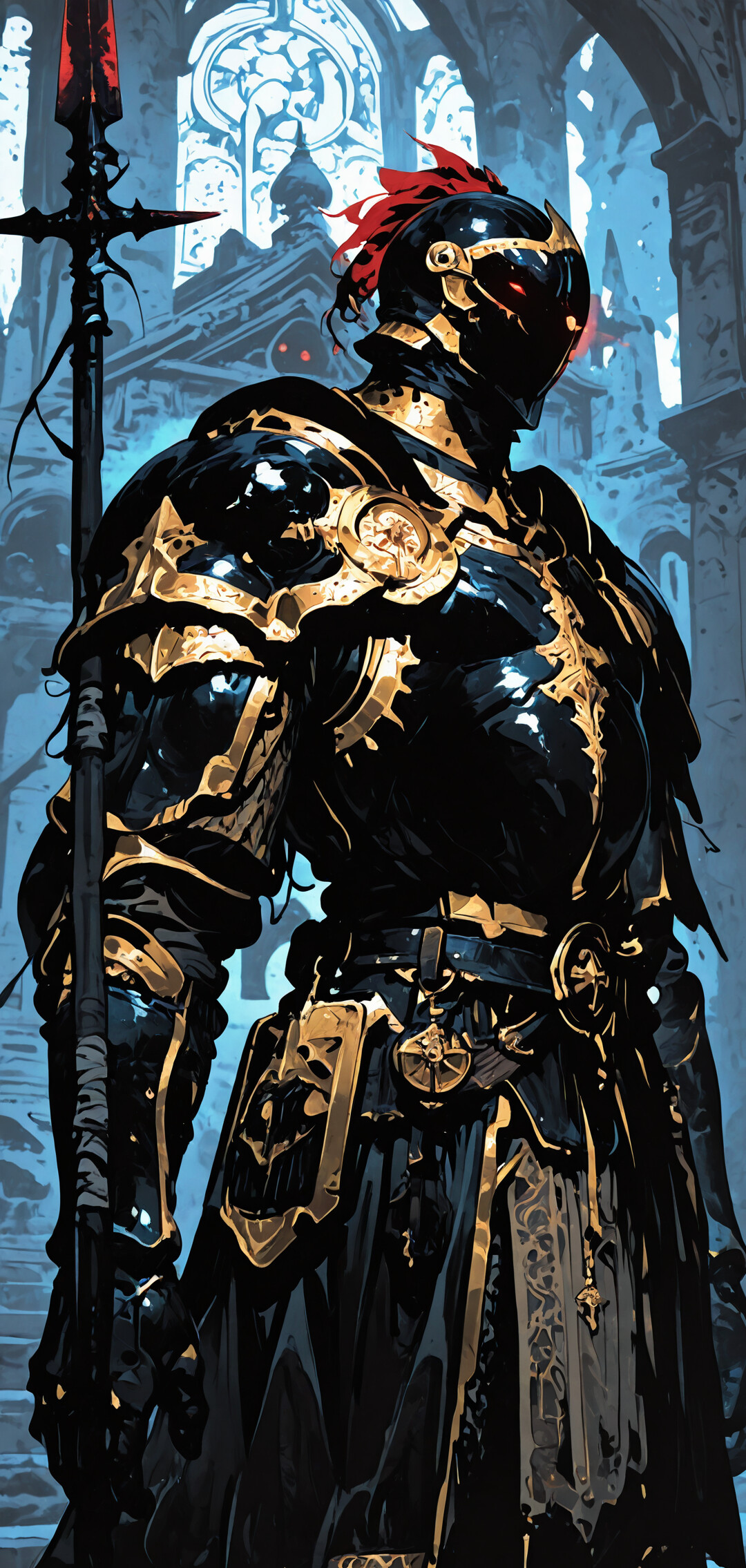 Високий лицар у вишуканих чорно-золотих обладунках, з палаючими червоними очима, тримає велике спис, стоїть усередині кам’яного храму, на тлі якого яскраво червоним кольором підсвічено задній план.