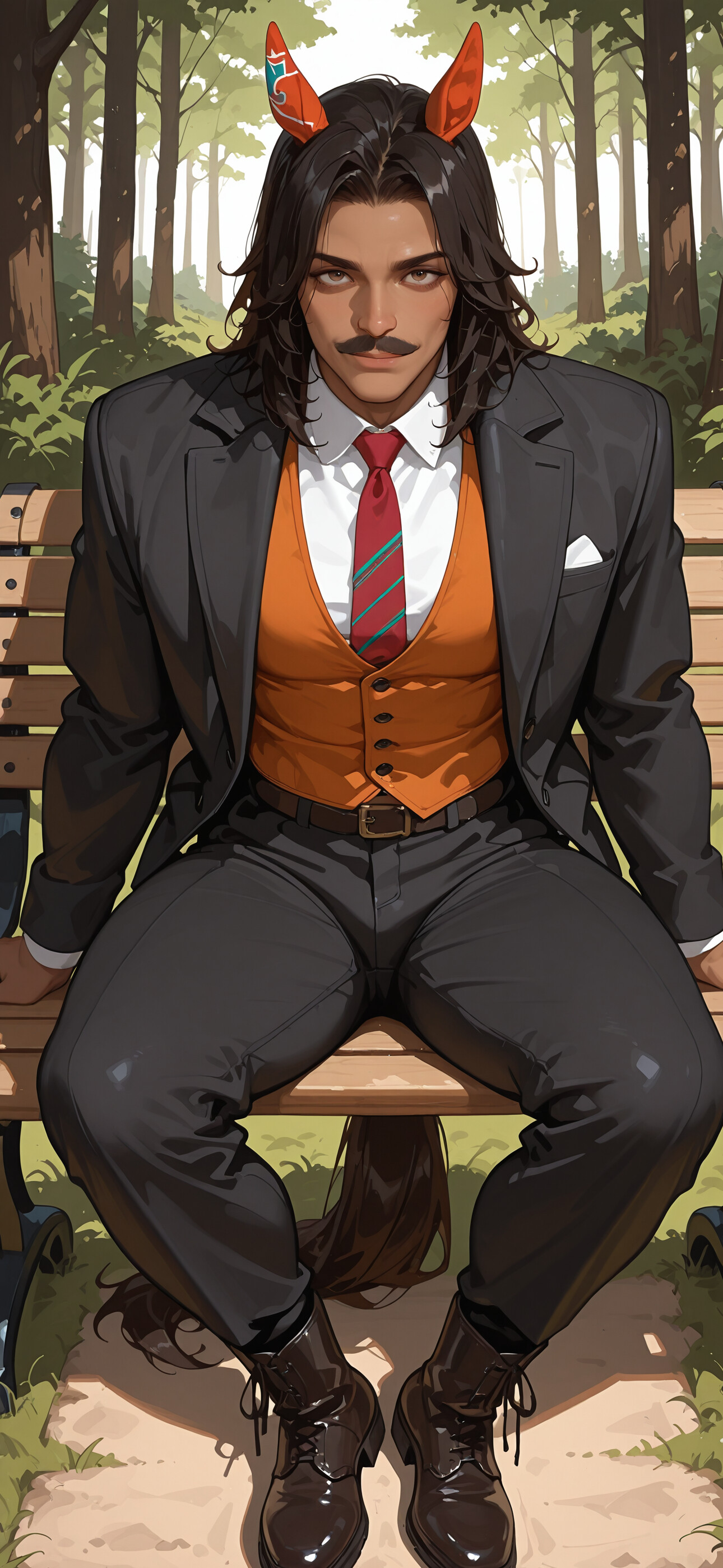 Цифровий малюнок, на якому зображено привабливого чоловіка зі смаглявою шкірою, довгим темним волоссям, вусами та кінськими вухами, що сидить на лавці в парку. На ньому кремова куртка, помаранчевий жилет і червона краватка. Він впевнено дивиться в камеру, ледь помітно посміхаючись. За ним на землі лежить кінський хвіст.