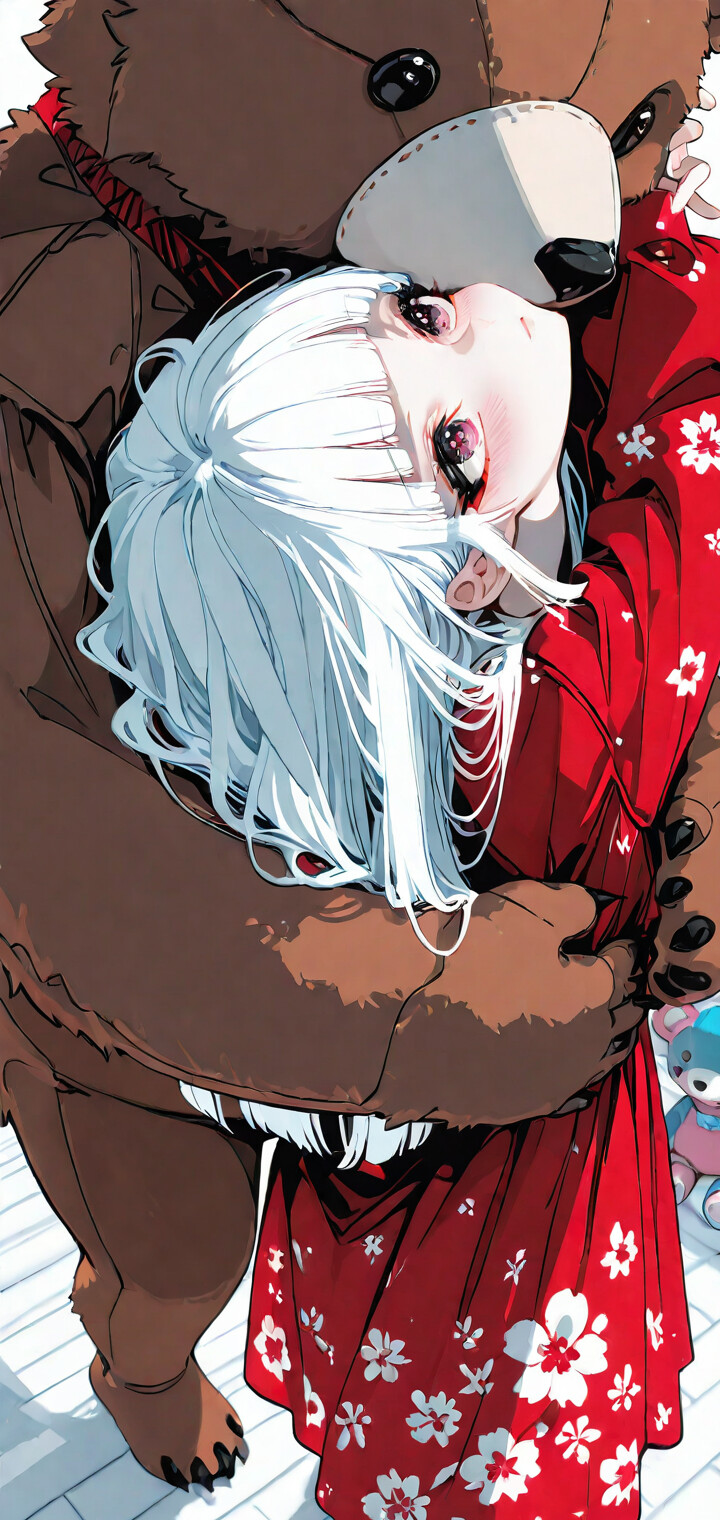 Ілюстрація в стилі аніме, на якій зображено юну дівчинку з довгим білим волоссям і рожевими очима, яку ззаду обіймає величезний коричневий плюшевий ведмедик. На ній червона квітчаста сукня, а кімната наповнена багатьма іншими, меншими плюшевими ведмедиками.