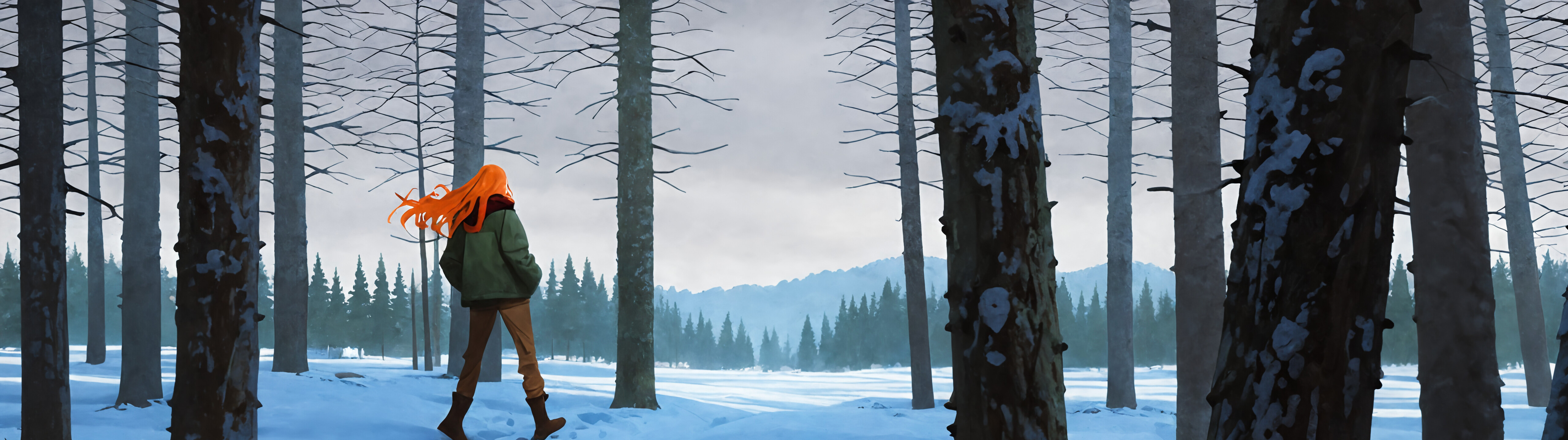 На картині зображено Тюліп Олсен із мультсеріалу «Потяг нескінченності» зі спини, вона стоїть у засніженому сосновому лісі. У неї яскраво-помаранчеве волосся, яке розвівається на вітрі, і на ній зелена куртка, червоний картатий шарф і коричневі штани, а руки вона тримає в кишенях.