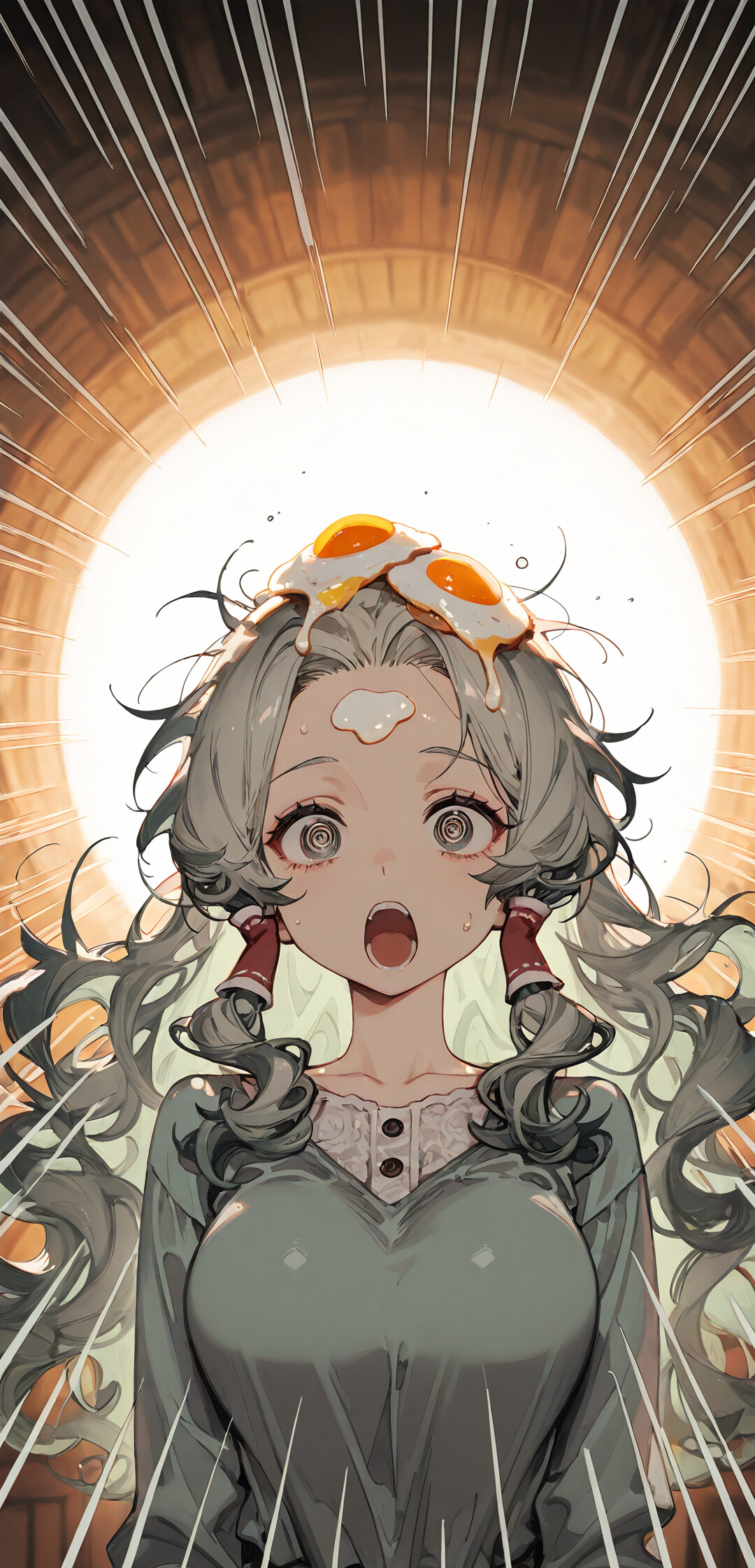 Дівчина в стилі аніме з хвилястим світло-зеленим волоссям і спіральними очима, яка виглядає шокованою, широко розкривши рот, а на її голові лежать дві смажені яйця.