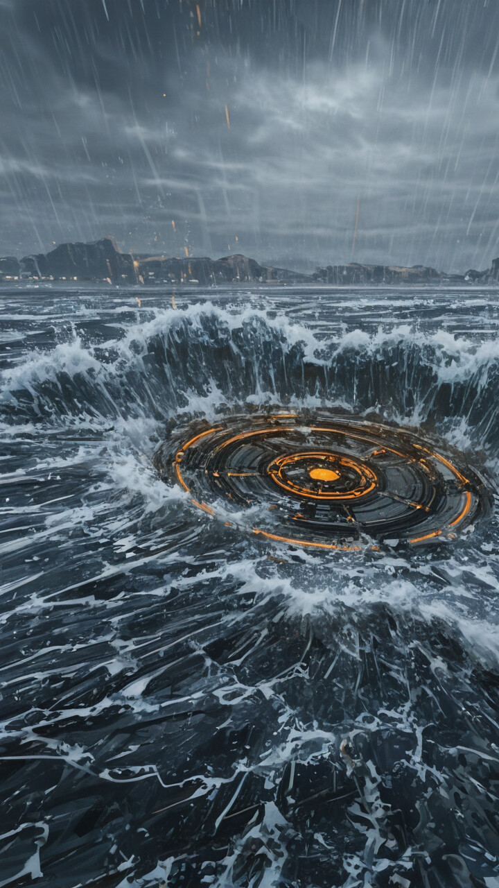 Вражаюча фантастична картина, на якій зображено бурхливе море, де здіймається величезна водяна колона, що нагадує дерево, і зсередини вона сяє яскравим блакитним світлом. З темного, хмарного неба падає дощ на збурений океан і скелястий берег.