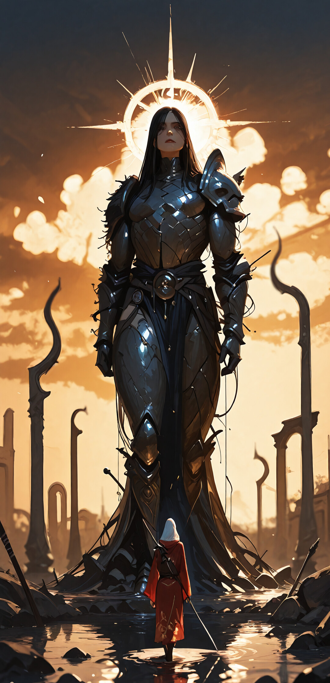 Воїн-фантаст у червоному капюшоні та чорних обладунках йде мілкою водою затопленої вулиці стародавнього міста на заході сонця, по обидва боки від нього височіють великі кам’яні статуї.