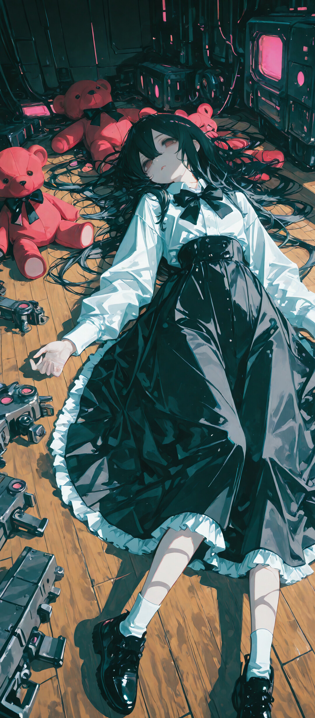 Вид зверху на дівчину в стилі аніме з довгим чорним волоссям, яка лежить на дерев’яній підлозі в кімнаті, оформленій у науково-фантастичному стилі. На ній біла сорочка та чорна спідниця, навколо неї – різноманітні механізми з червоними екранами, що світяться, і невеличкий плюшевий ведмедик.