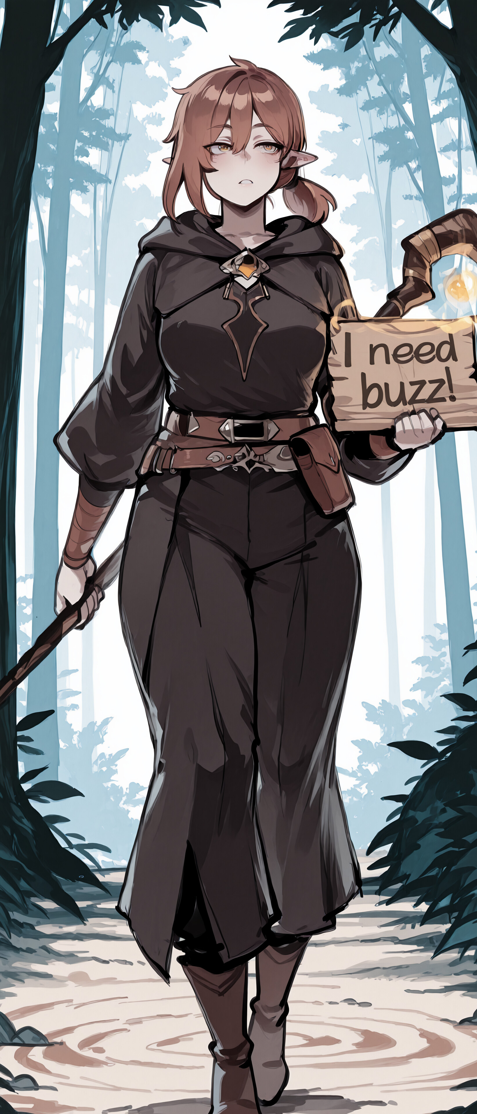 Ельфійський маг із короткою каштановою зачіскою, одягнений у темний плащ із капюшоном, стоїть у зимовому лісі, тримаючи в одній руці посох, а іншою виконує заклинання, яке випромінює сяйво.