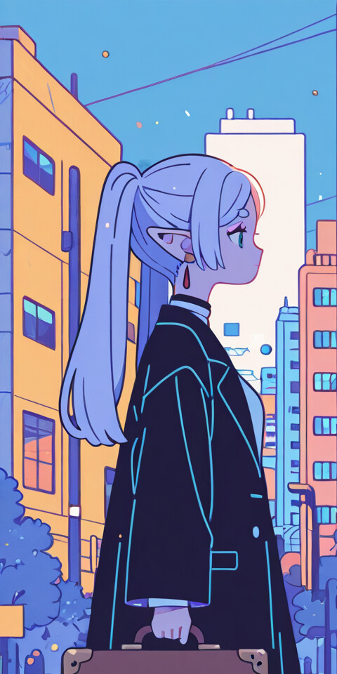 Ілюстрація в стилі аніме, на якій зображено Фрірен, ельфійську дівчину з довгим білим волоссям, зібраним у хвіст, яка йде вулицею сучасного міста. Її зображено в профіль, на ній біла накидка, а в руці – коричнева валіза. Міські будівлі зображено у відтінках синього та фіолетового.