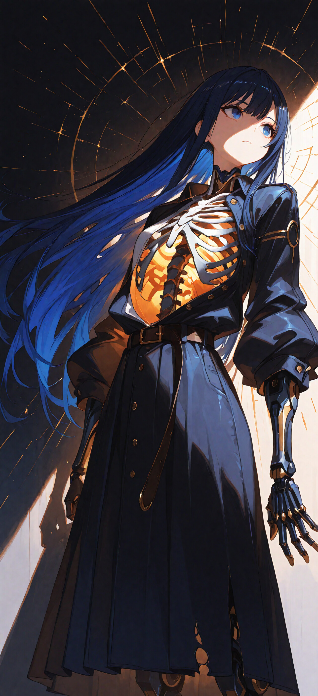 Анімешна дівчина-кіборг із довгим темно-синім волоссям дивиться вниз із сумним виразом обличчя. Її торс відкритий, і видно білий механічний каркас ребер, який зсередини випромінює яскраве помаранчеве світло. На ній темна відкрита куртка та подерта спідниця на тлі темного фону, де видно іскри.