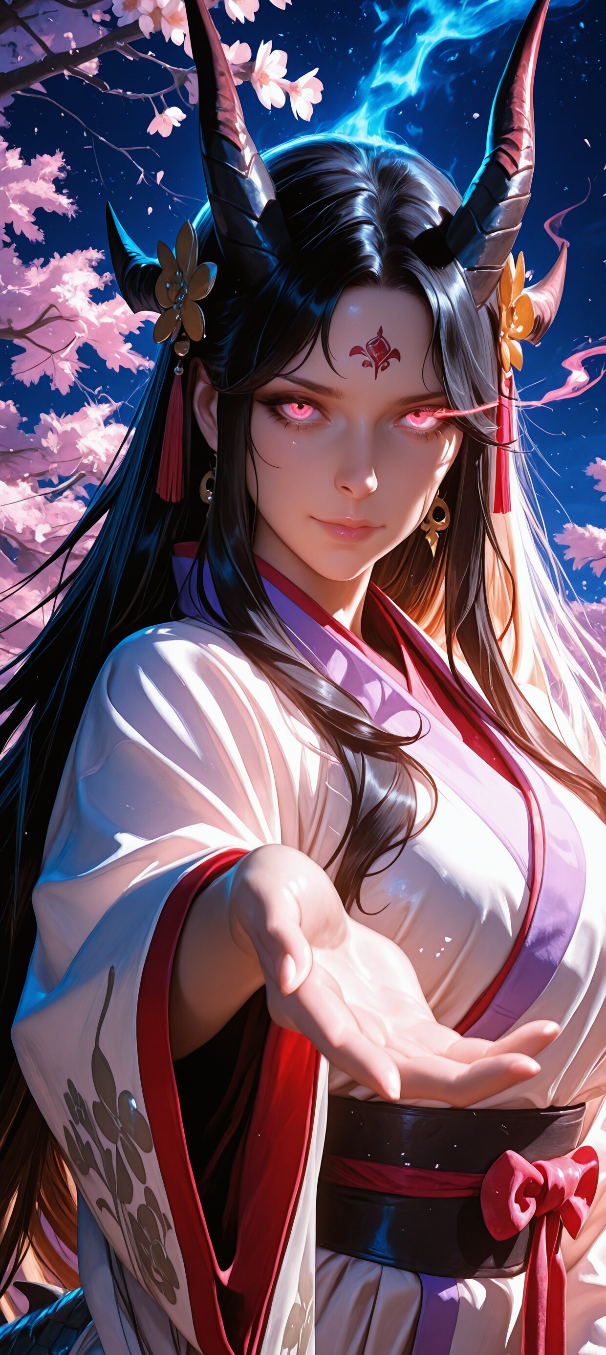 Цифровий малюнок, на якому зображено Ямато з аніме «Ван Піс», переосмислений як драконяча жриця. У неї довге чорне волосся, золоті роги та сяючі рожеві очі, і вона тримає в руках кулю світла всередині темного японського храму.