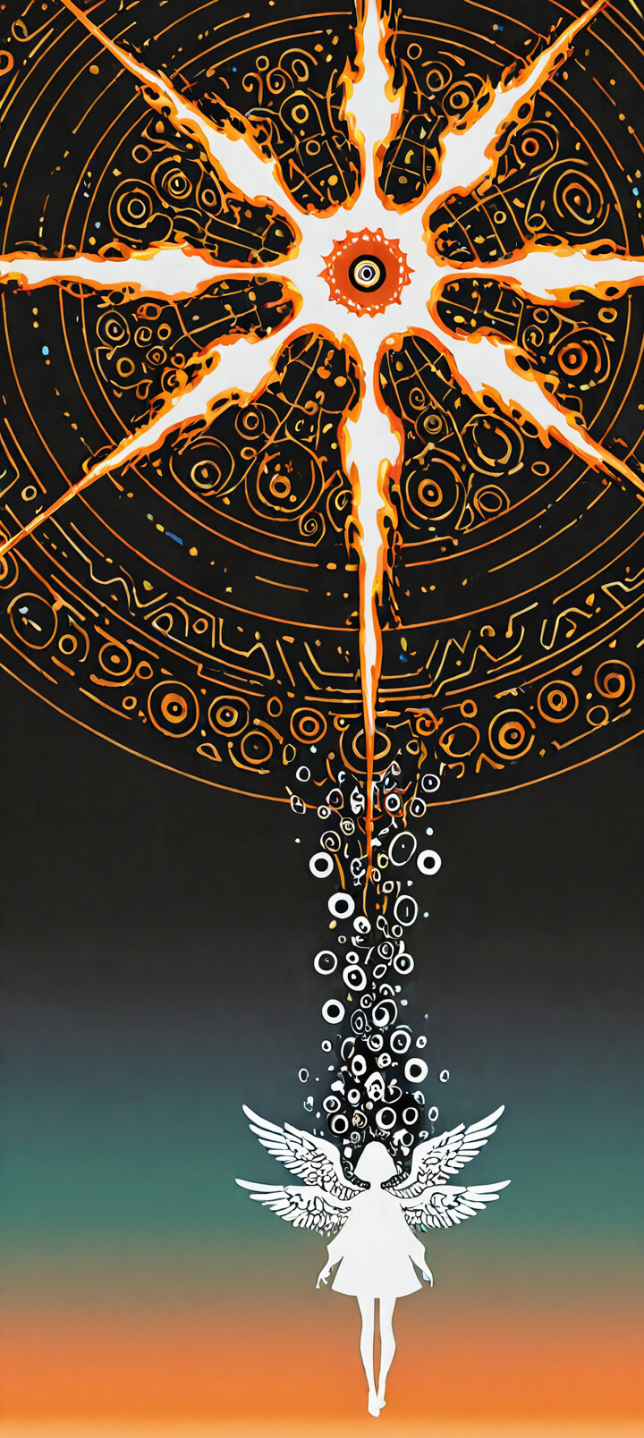 Абстрактна ілюстрація з високим контрастом, що зображує небесну істоту. Велике чорне коло, наповнене безліччю дрібніших очей, утворює голову, в центрі якої розташоване одне палаюче червоне око. Це оточене білим німбом із чорними променями, що нагадують сонячні. Нижче зображено білий, мінімалістичний силует жіночої фігури на тлі чорного та темно-червоного кольорів.