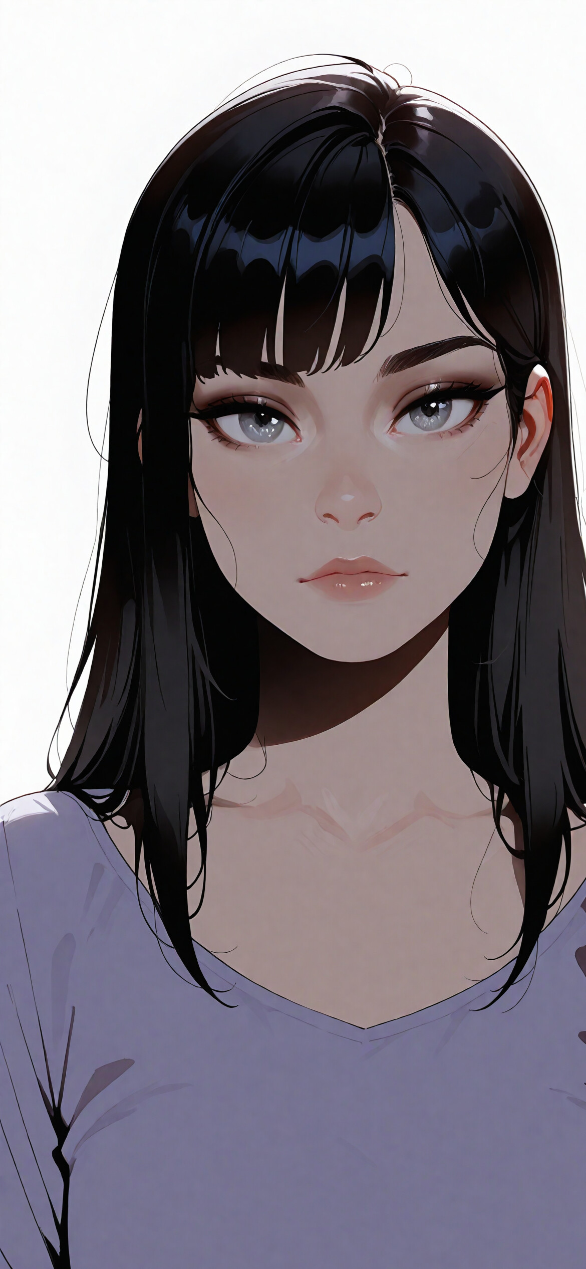 Цифрова ілюстрація молодої жінки з короткою чорною стрижкою, чубчиком і виразними сірими очима, яка дивиться прямо в камеру. На ній лавандова сорочка, яку вона одягла поверх чорних бретелей на білому тлі.