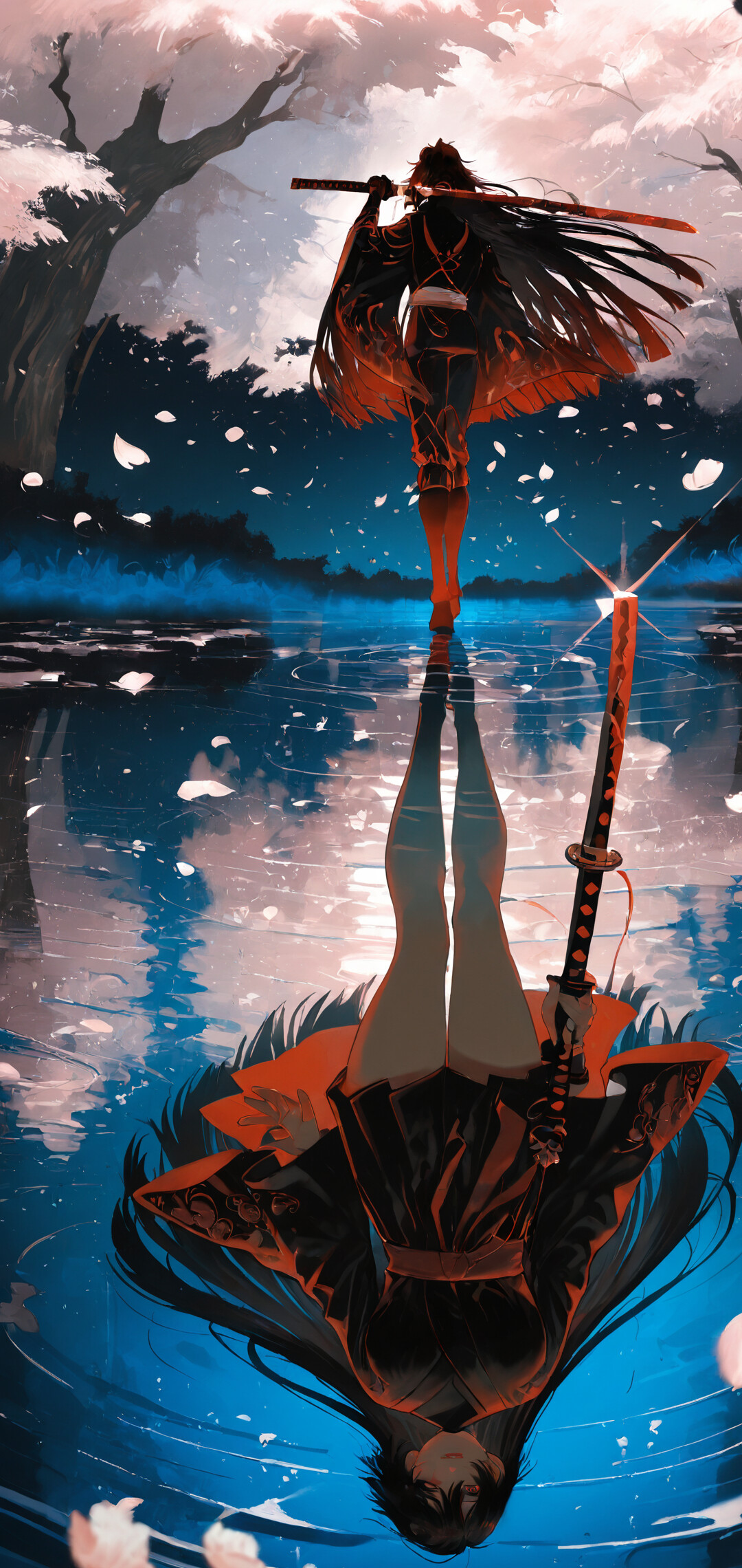 Ілюстрація в стилі аніме, на якій зображено Саске Учіху з аніме «Наруто», що стоїть на воді під нічним небом, а навколо – дерева сакури. Його відображення у воді показує його справжнє обличчя, створюючи тему двоїстості.