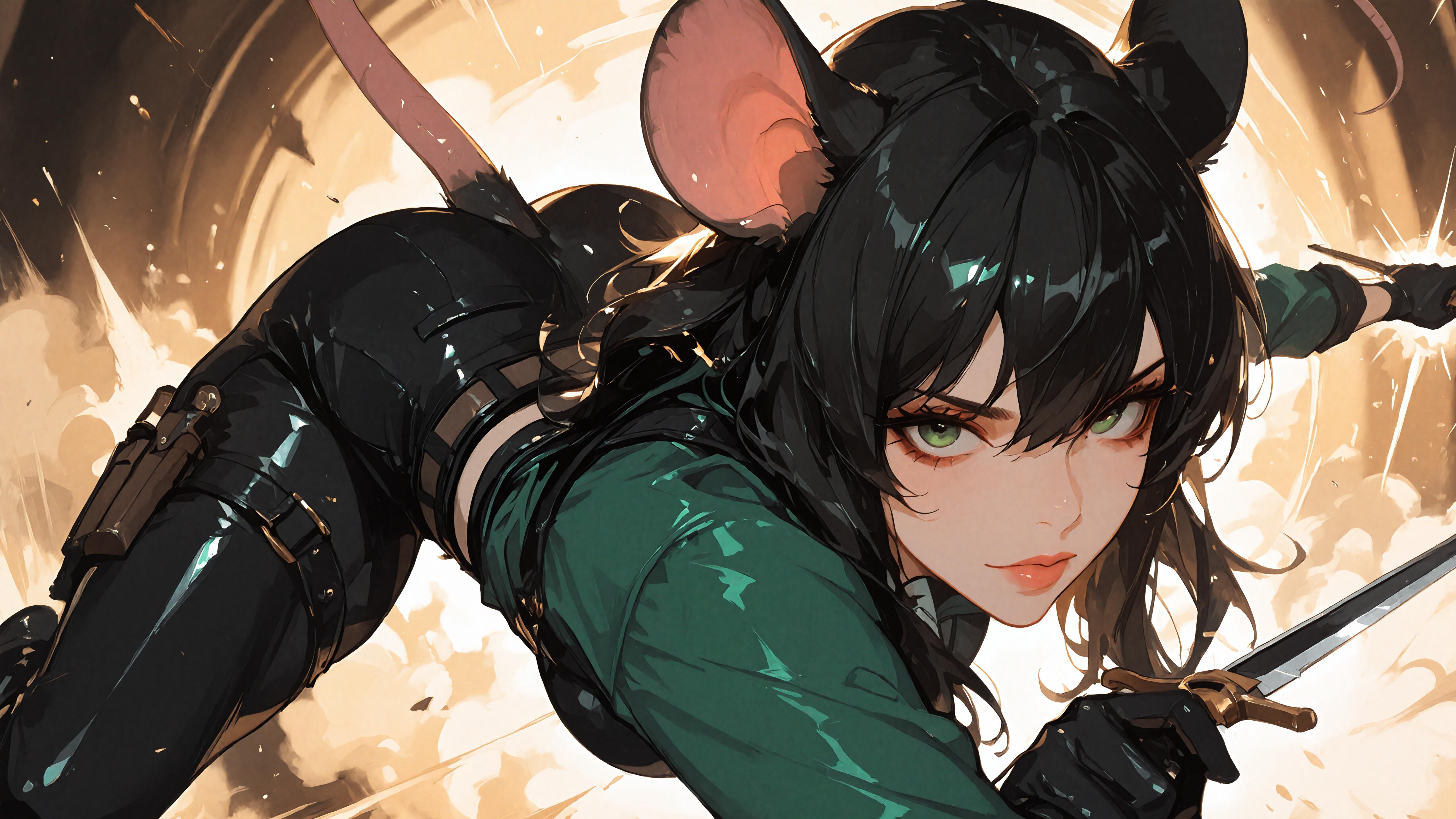 Аніме-персонажка, дівчина з чорним волоссям, зеленими очима, великими мишачими вушками та довгим мишачим хвостом, одягнена як розбійниця: у зелену сорочку та чорні штани. Вона лежить на білій плитковій підлозі та дивиться прямо в камеру.