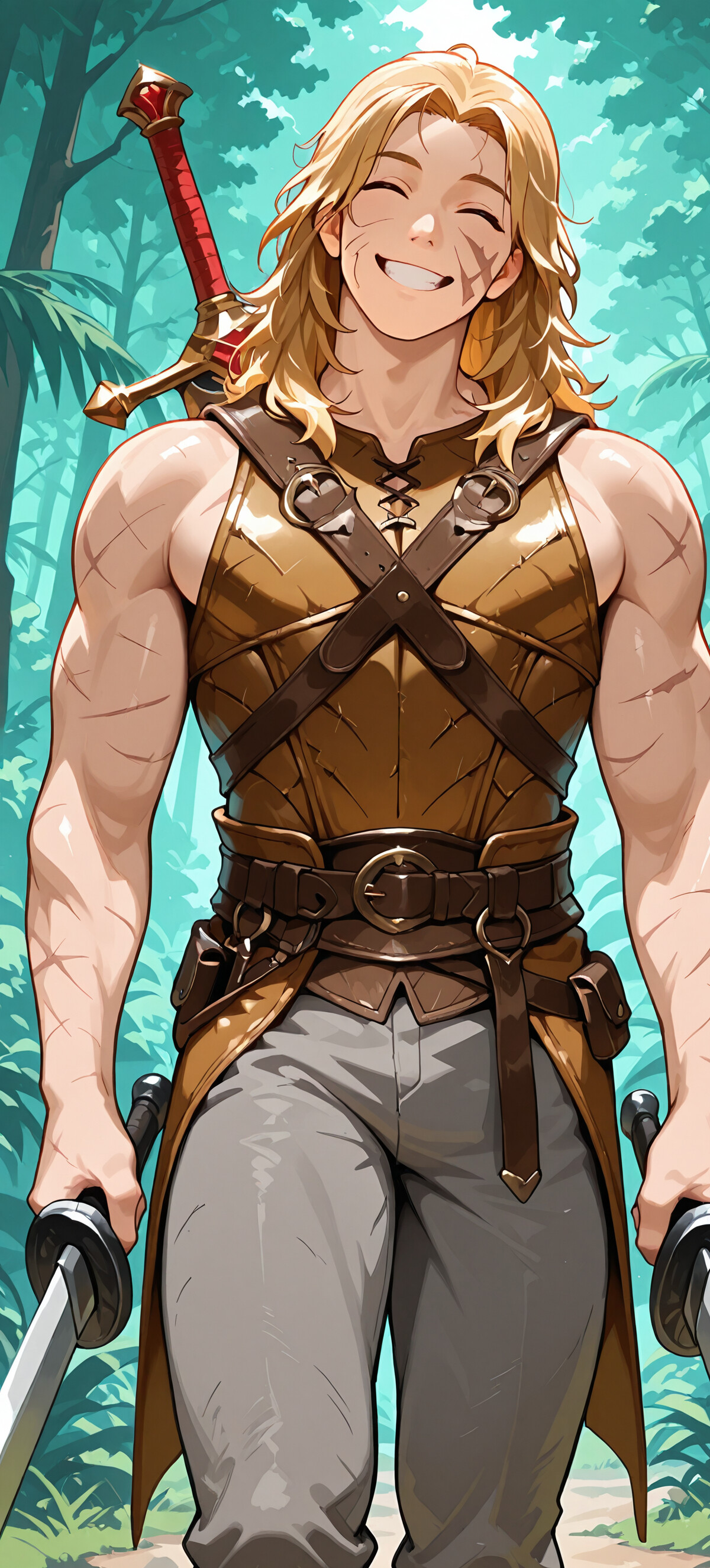Міцний молодий чоловік з довгим світлим волоссям і широкою, радісною усмішкою, одягнений у коричневі шкіряні обладунки та тримає два мечі в зеленому лісі.