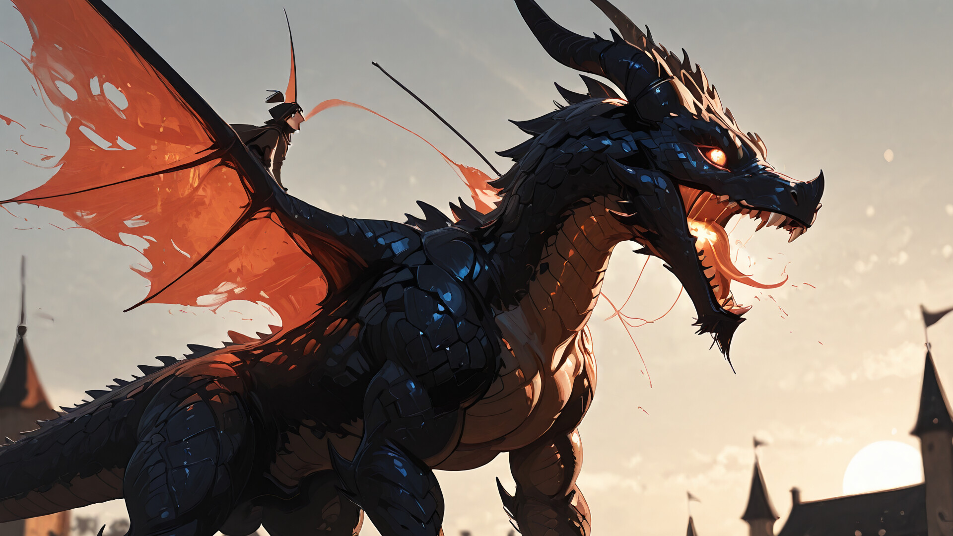 Величезний, звивистий дракон, що випромінює вогонь і полум’я, гордо сидить на найвищій вежі похмурого готичного замку в сутінках.