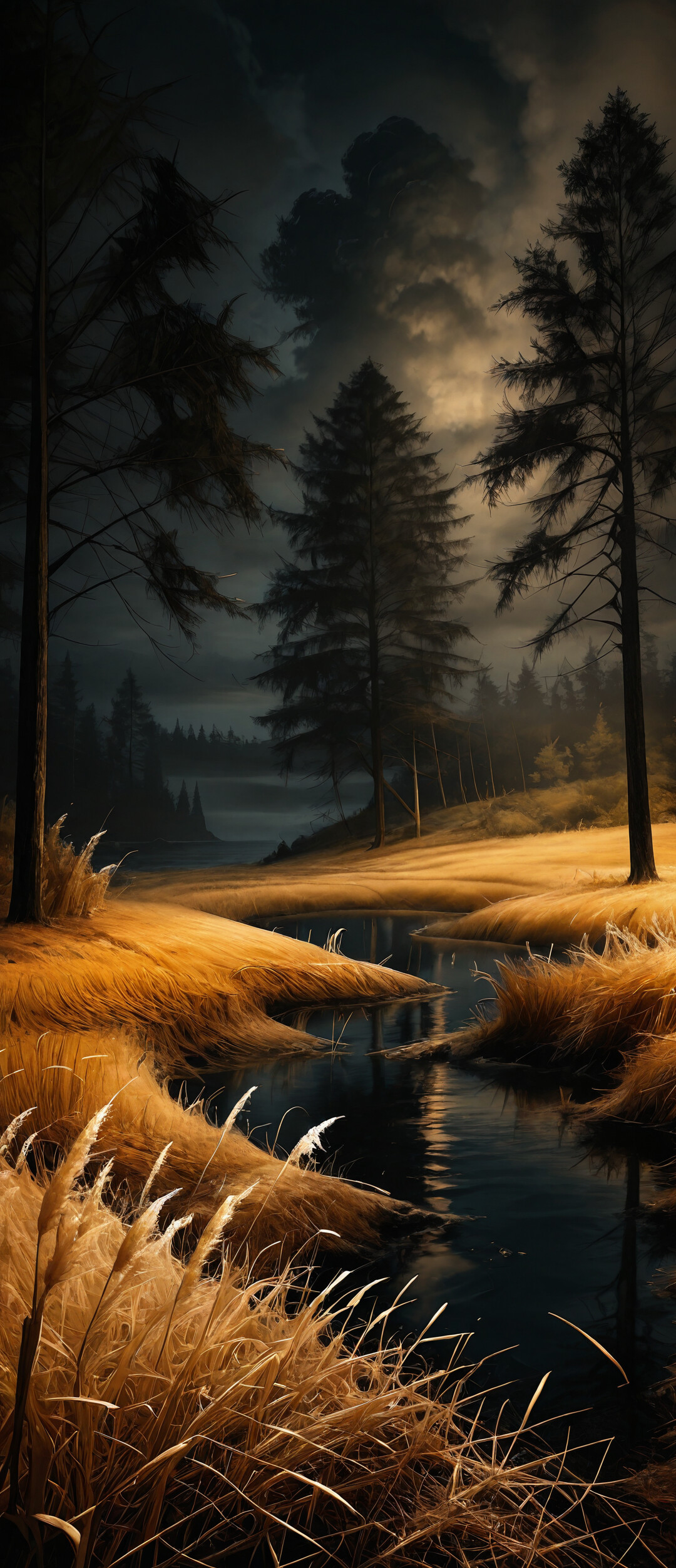 Живописне зображення ґрунтової стежки, що звивається серед золотого поля високої трави, ведучи до океану, обрамленого темними соснами під похмурим нічним небом.