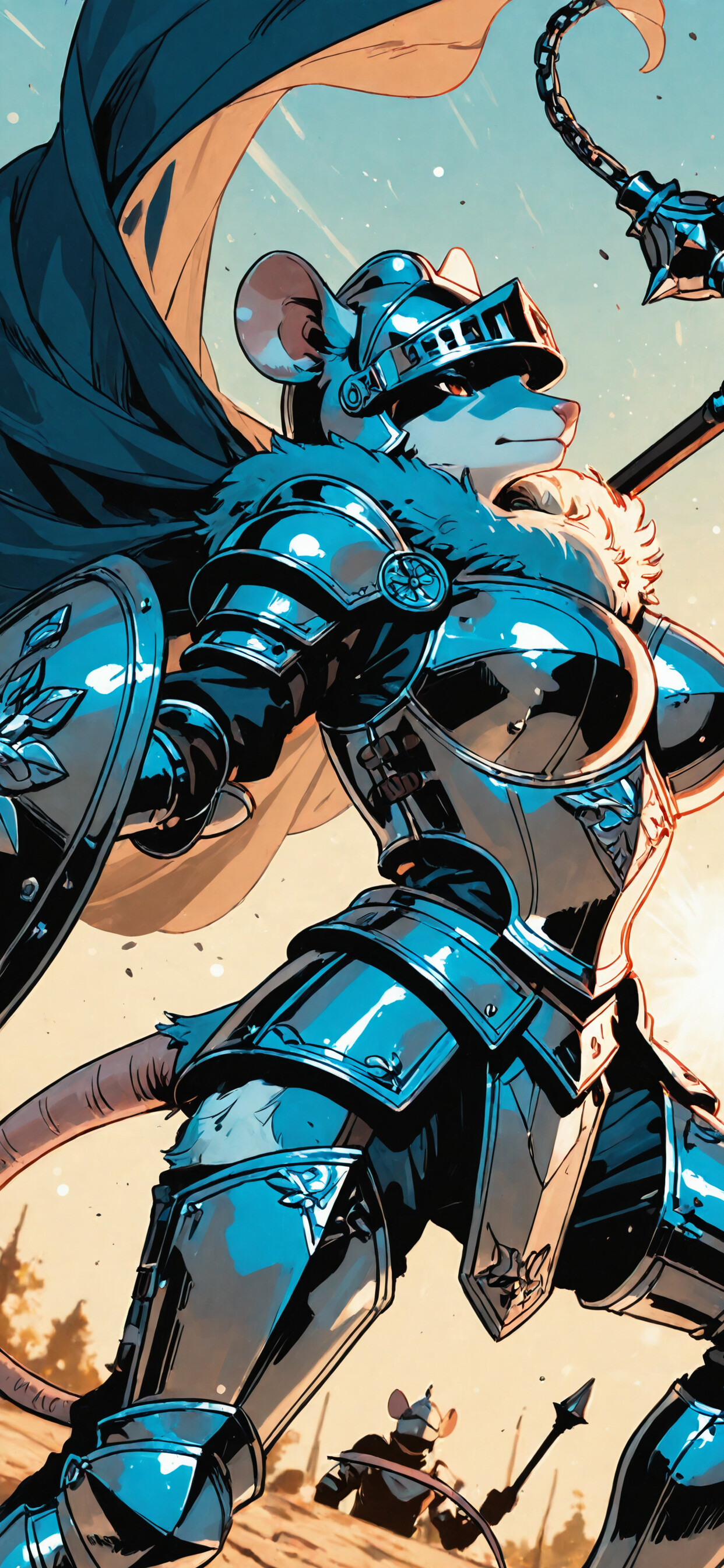 Цифровий малюнок, на якому зображено антропоморфну мишу-воїнку, одягнену в повний комплект пластинчастих обладунків і шолом. Вона тримає в руках булаву, а за її спиною майорить червона накидка. На її обличчі вираз рішучості.