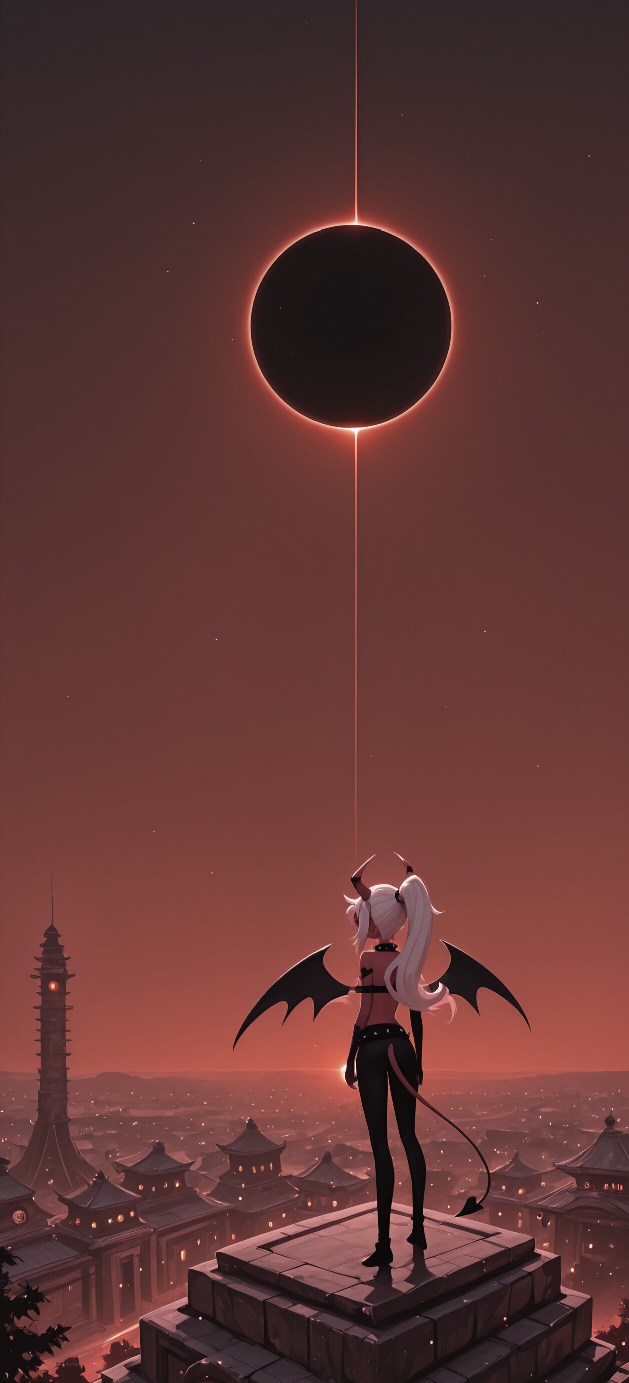 Веросіка Мейдей, персонаж, що нагадує імпа, з довгим білим волоссям, рогами та крилами, стоїть на вершині гори, дивлячись на похмурий пейзаж, де під час повного сонячного затемнення височіє пагода.