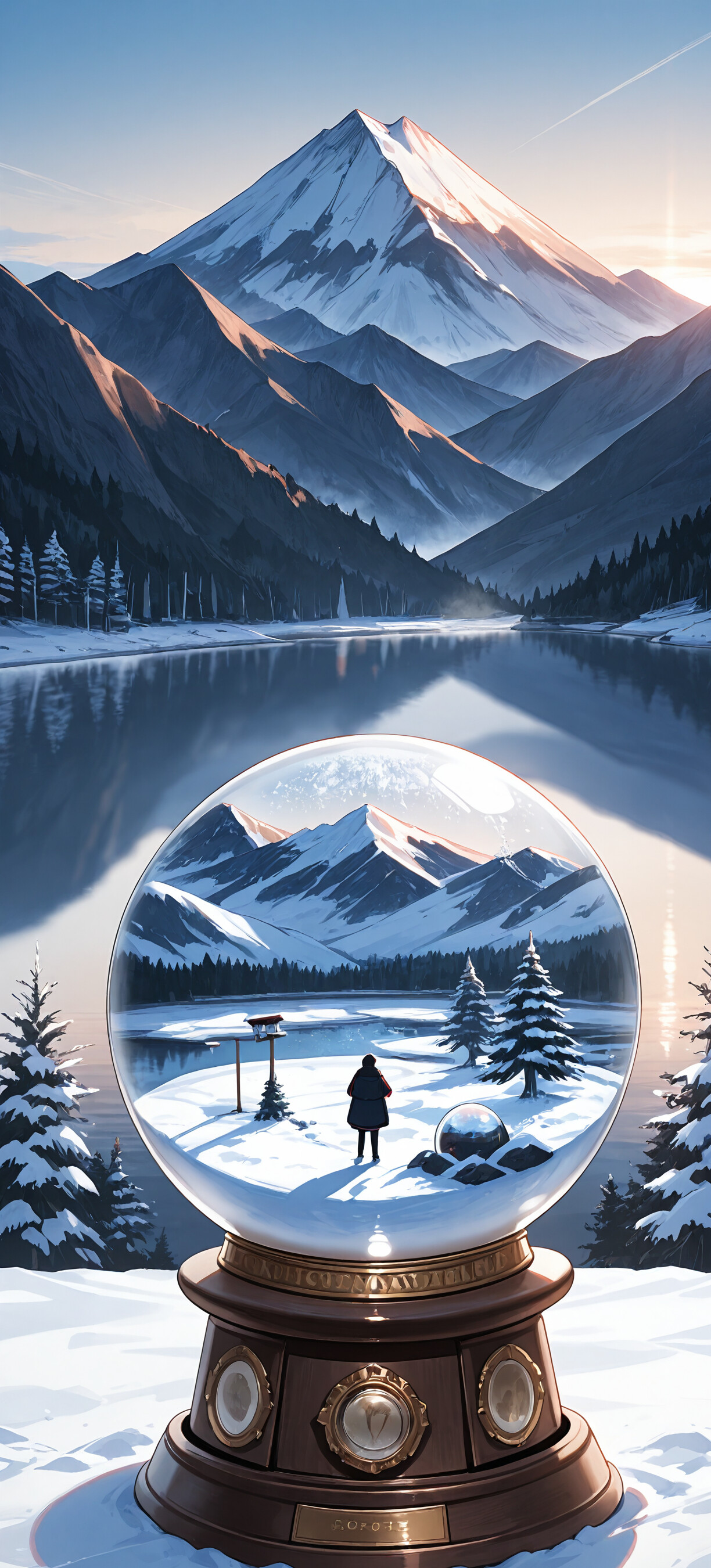 Скляна снігова куля, всередині якої розміщено мініатюрну зимову сцену з хатинкою та деревами, а на задньому плані – реальний краєвид засніженого гірського масиву та спокійного озера на світанку.