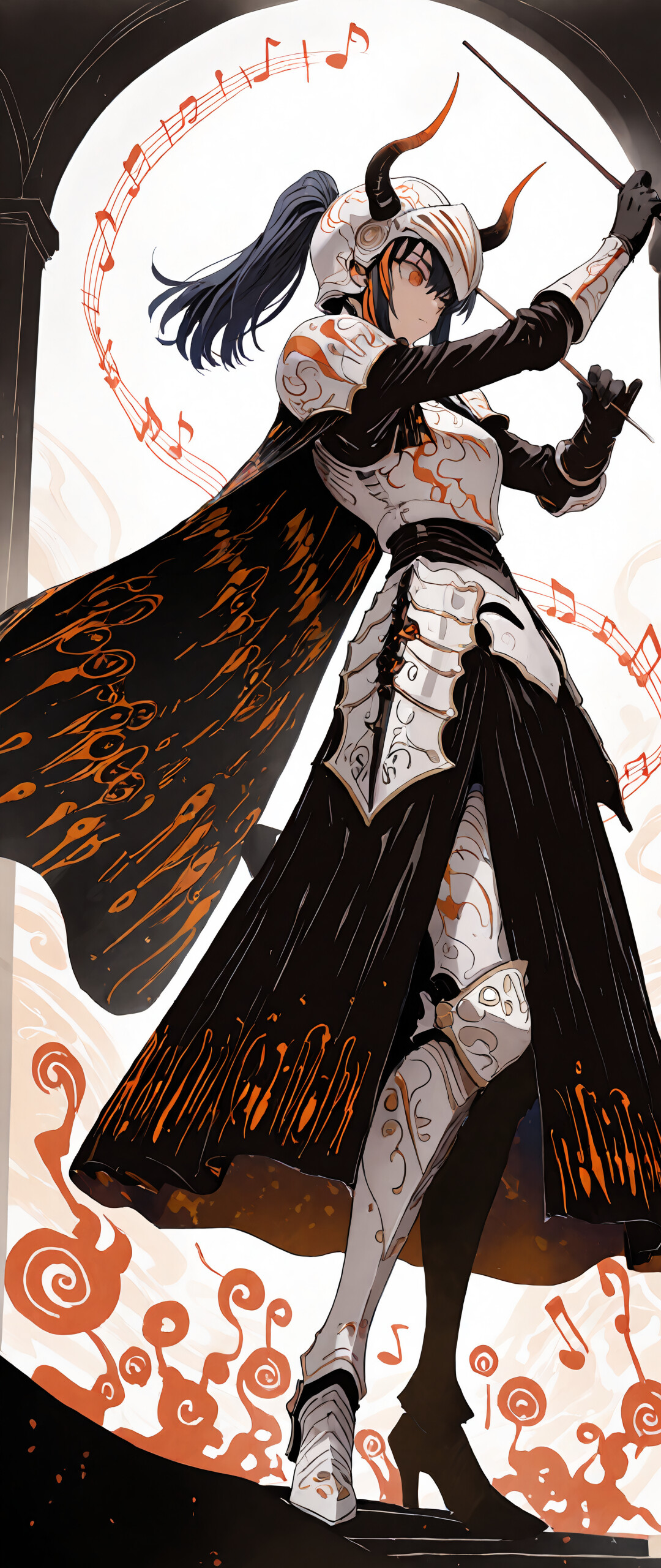 Ілюстрація в стилі аніме, на якій зображено персонажа Янеко Ута в образі лицаря-диригента. На ній одягнений вишуканий білий і сріблястий обладунок, чорний плащ і шолом із рогами. Вона тримає дві диригентські палички, стоячи посеред вихору сяючих помаранчевих музичних нот.